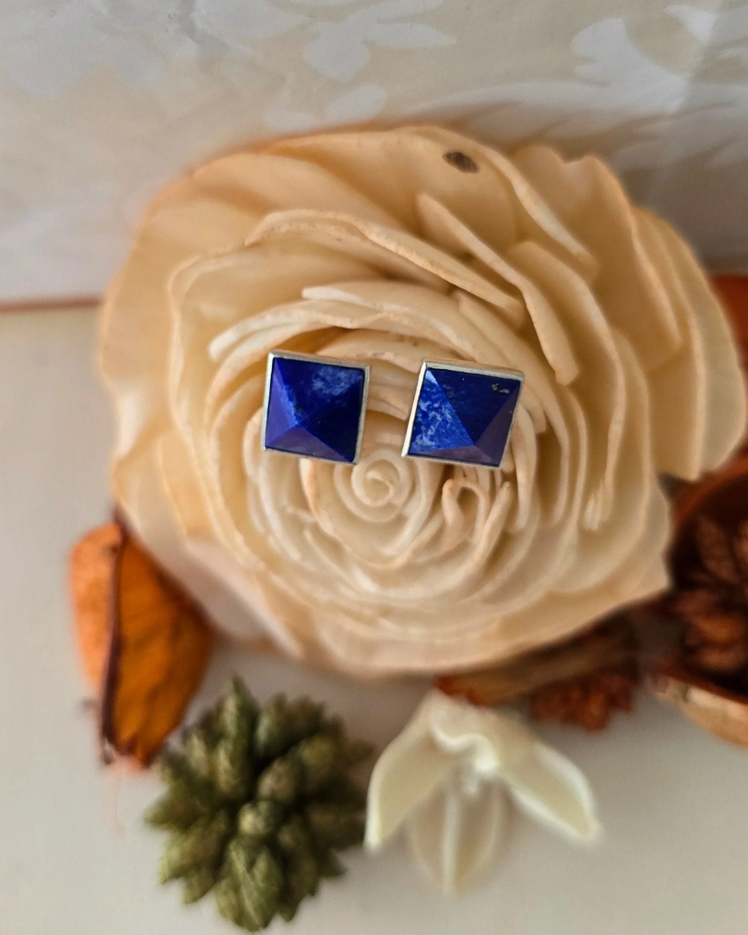 silver 8mm square Lapis studs