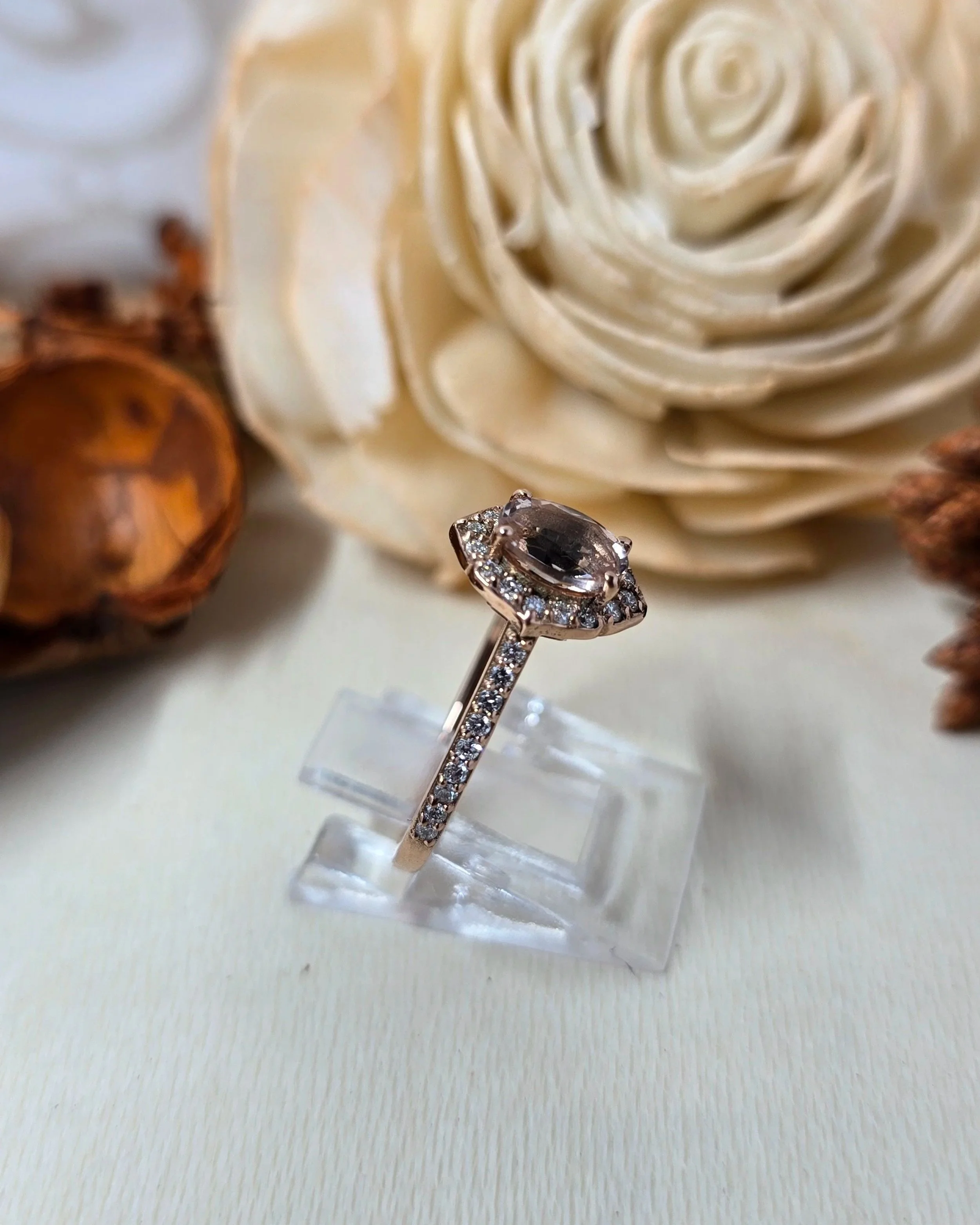 9ct Rose Gold Morganite Halo Ring
