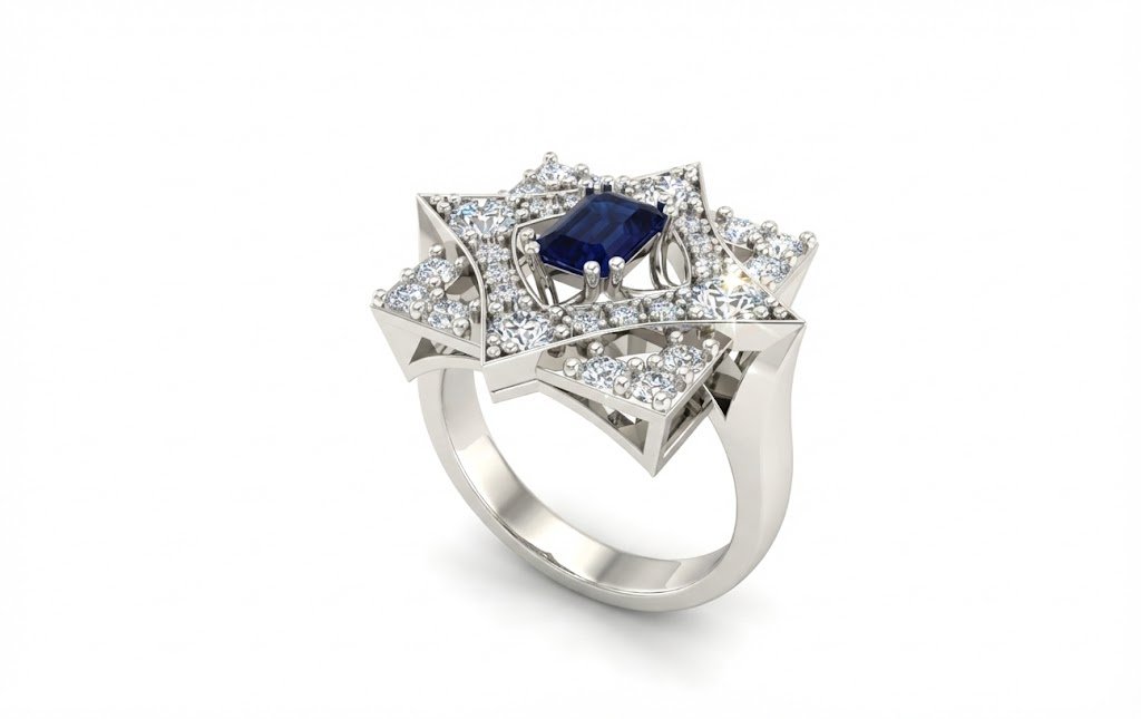 White gold ring with diamonds and blue sapphire