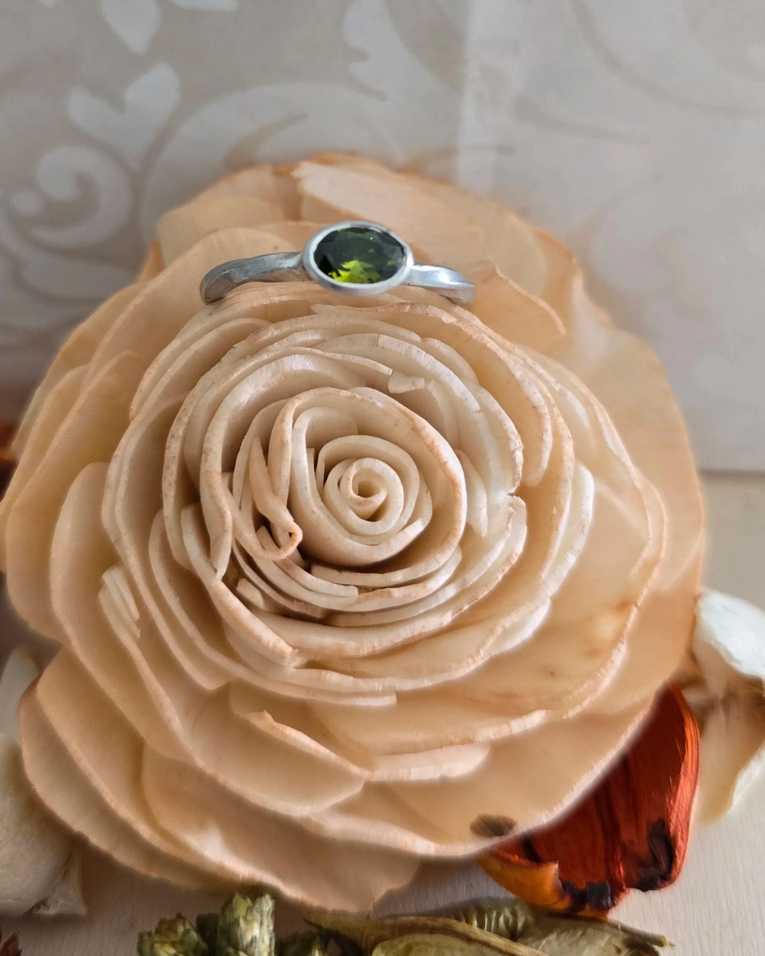 Silver Peridot Solitaire Ring with Twist Band