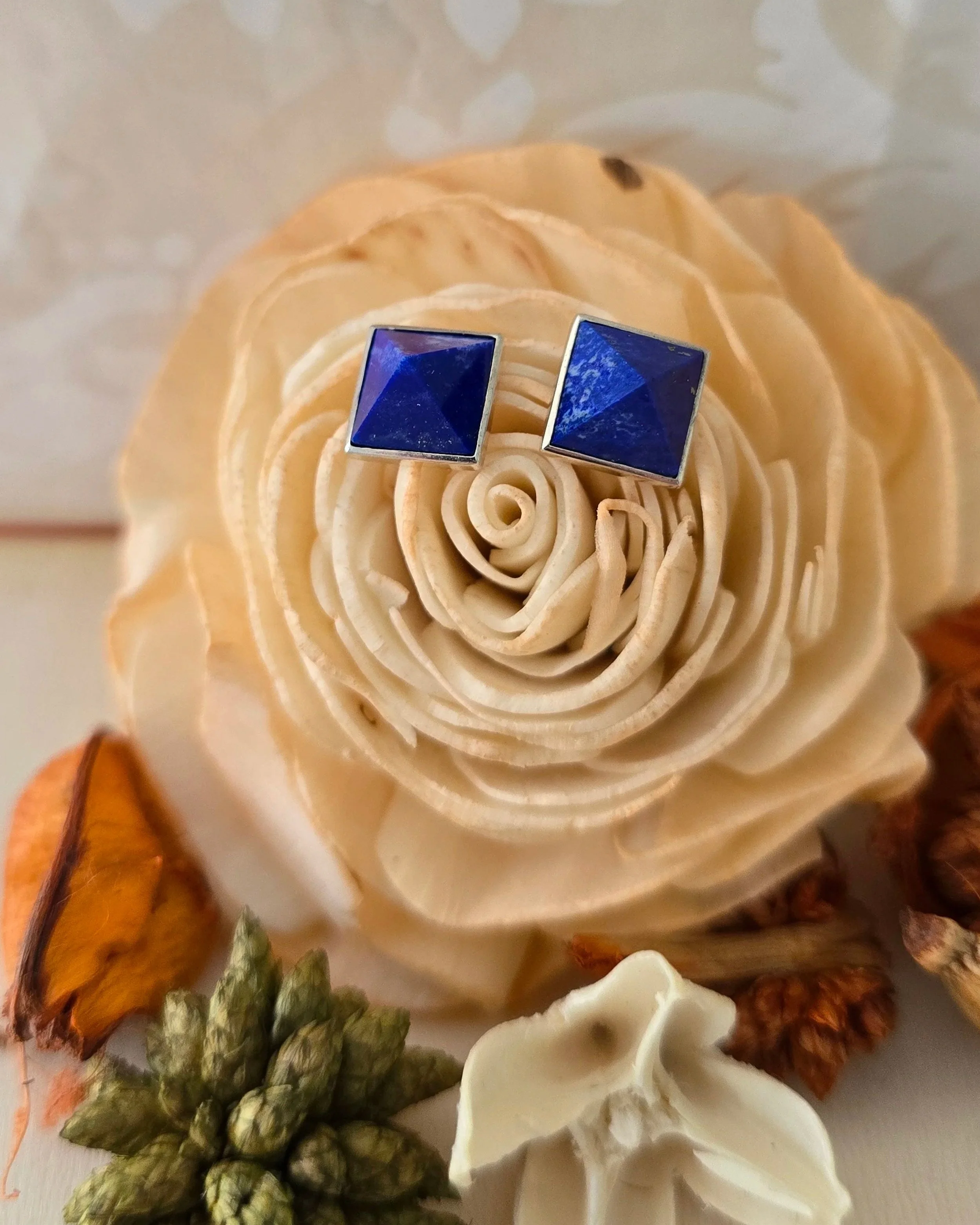 silver 8mm square Lapis studs