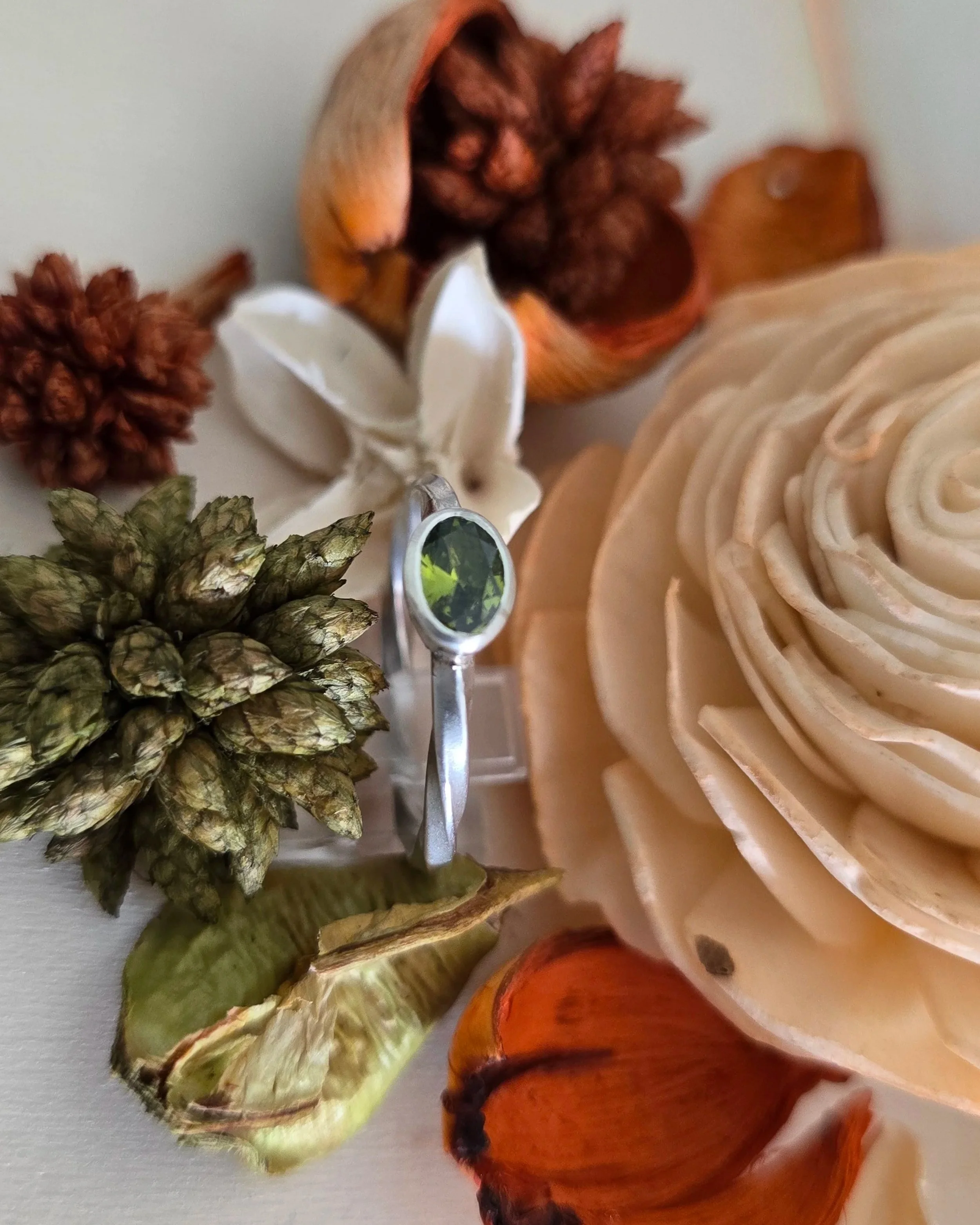 Silver Peridot Solitaire Ring with Twist Band