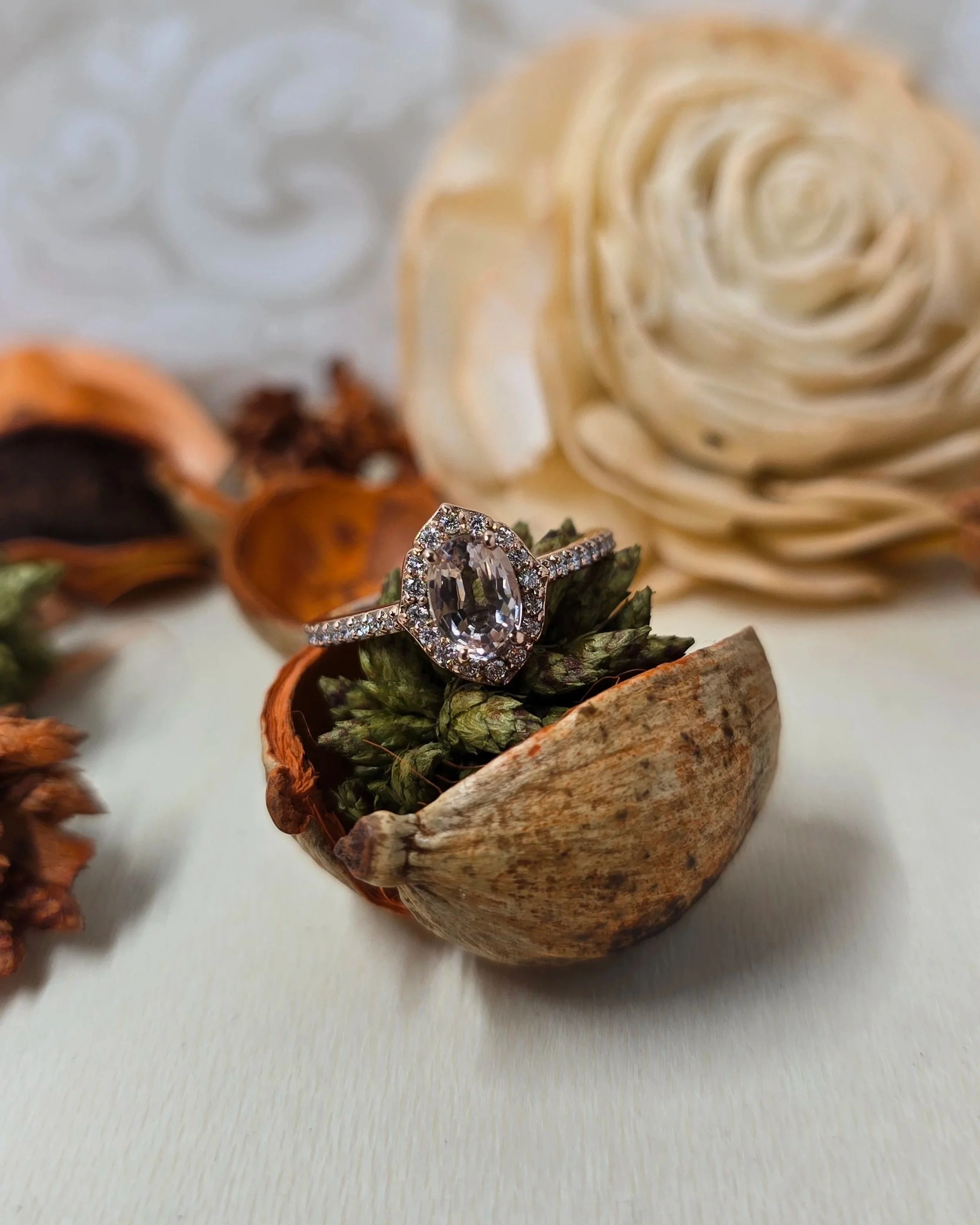 9ct Rose Gold Morganite Halo Ring