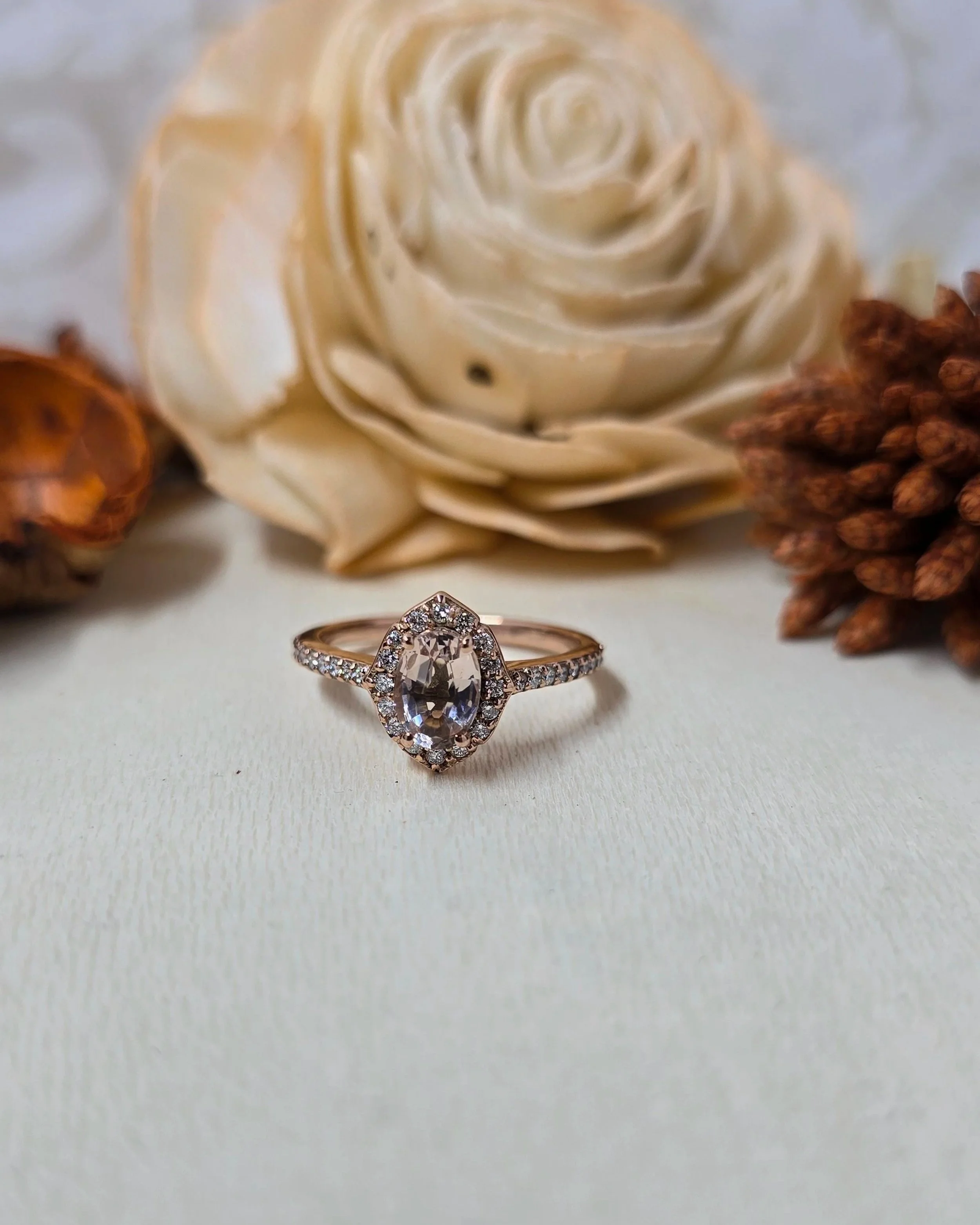 9ct Rose Gold Morganite Halo Ring