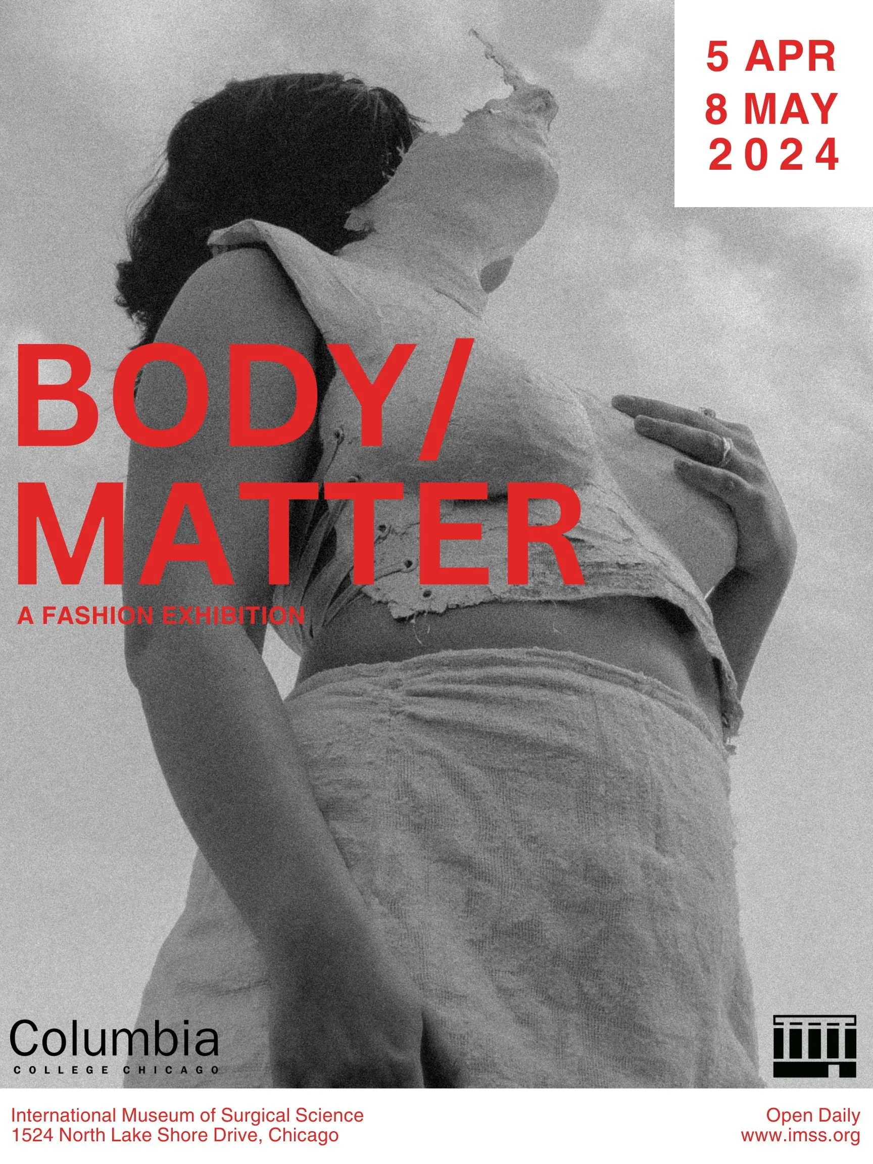 Black and white photograph of a person holding a white horse on a cloudy sky background. The text indicates dates from April 5 to May 8, 2024, and mentions a fashion exhibition titled "Body/Matter" at Columbia College Chicago, organized by the International Museum of Surgical Science at 1524 North Lake Shore Drive, Chicago, open daily.