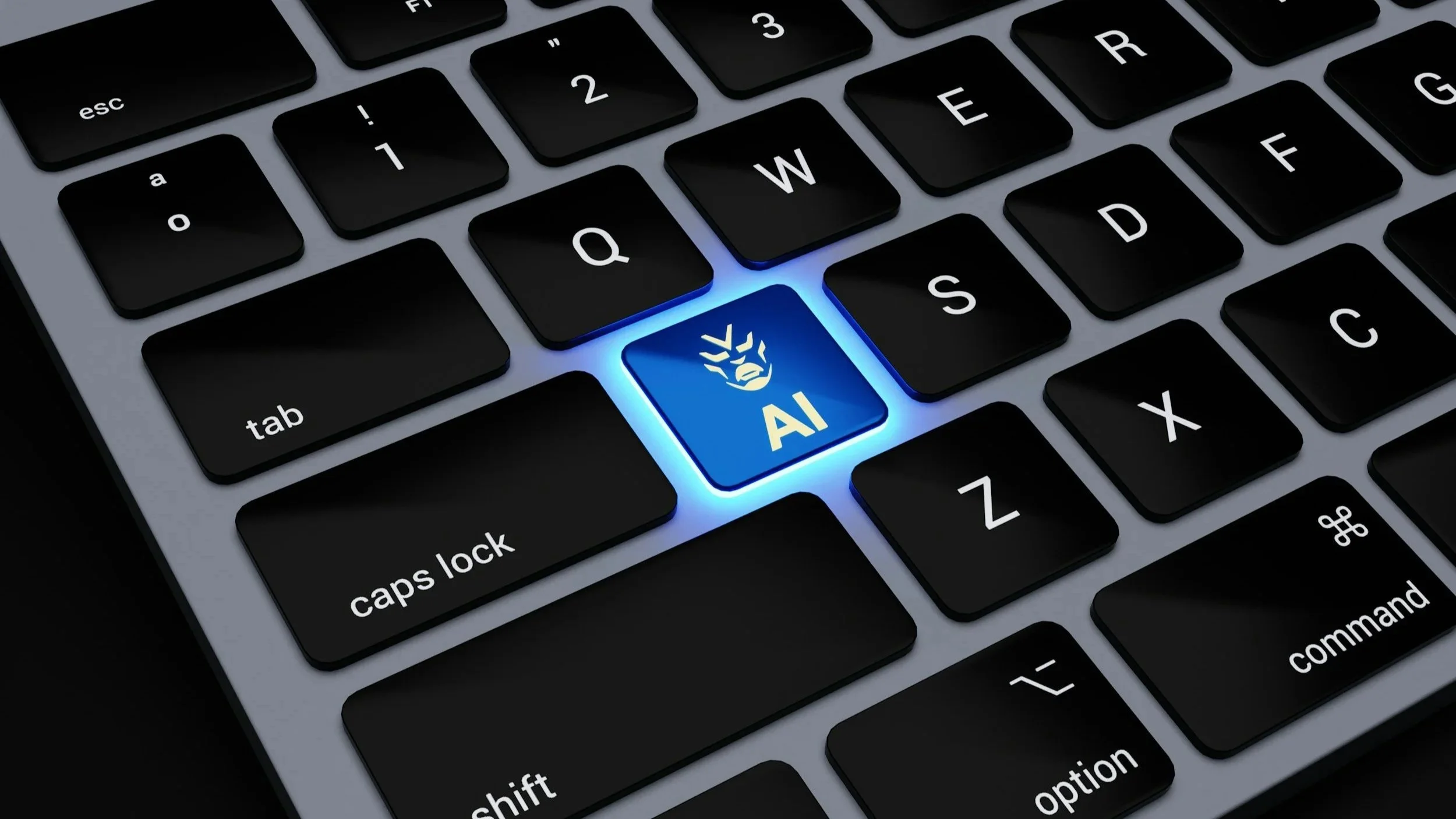 Close-up of a computer keyboard showing a blue 'AI' key with a lion head-and-claw symbol and blue backlight.