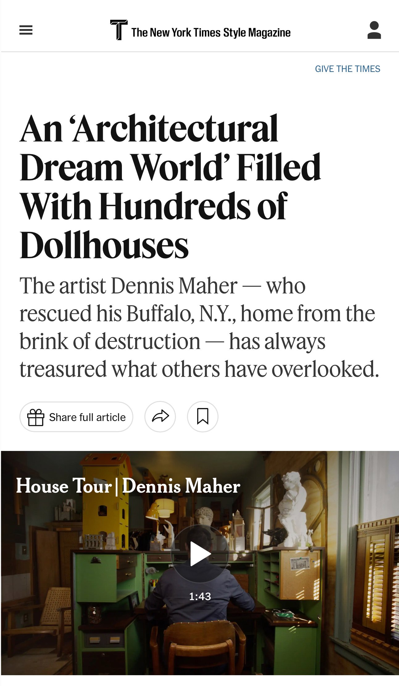 Part of a webpage showing an article titled 'An 'Architectural Dream World' Filled With Hundreds of Dollhouses' with a photo of a person sitting at a desk surrounded by miniature dollhouses.
