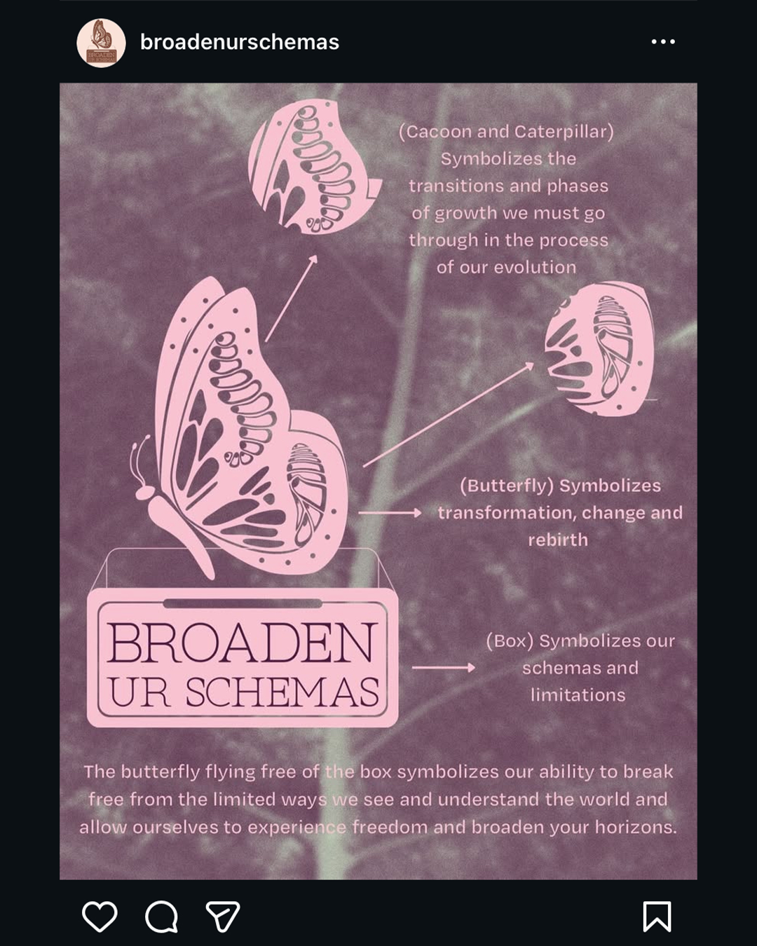 Diagram illustrating the symbolism of a butterfly and cocoon. The cocoon represents transitions and growth phases, the butterfly signifies transformation and rebirth, and the box symbolizes limiting schemas. The butterfly flying free from the box depicts breaking free from limitations and experiencing freedom.