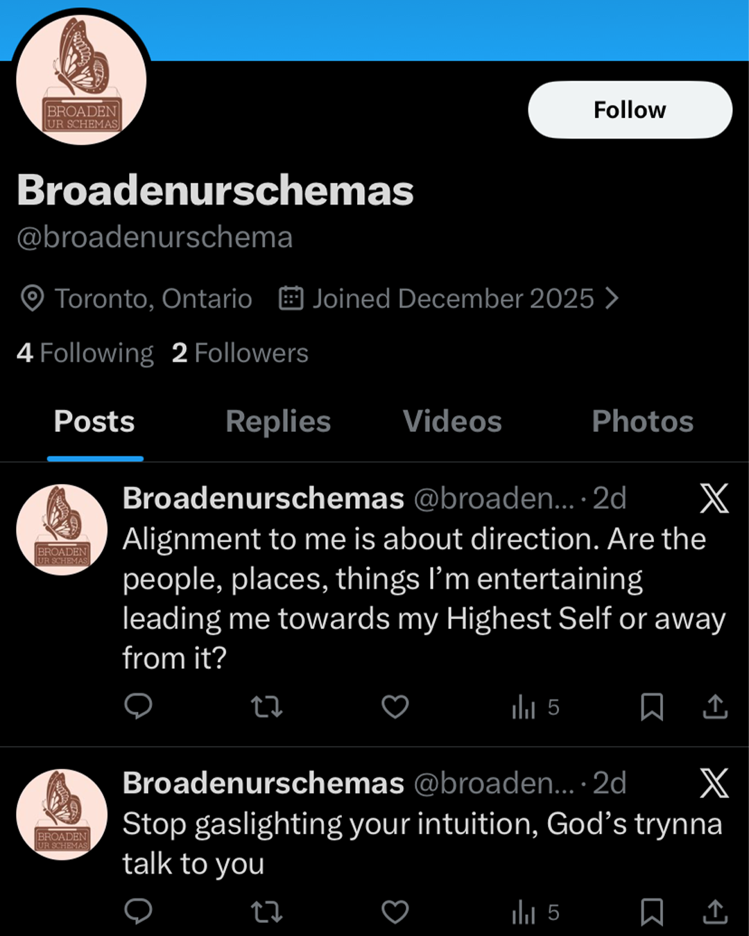 A Twitter profile page for Broadenurschemas showing tweets that discuss personal alignment and intuition, with a profile picture of a butterfly.