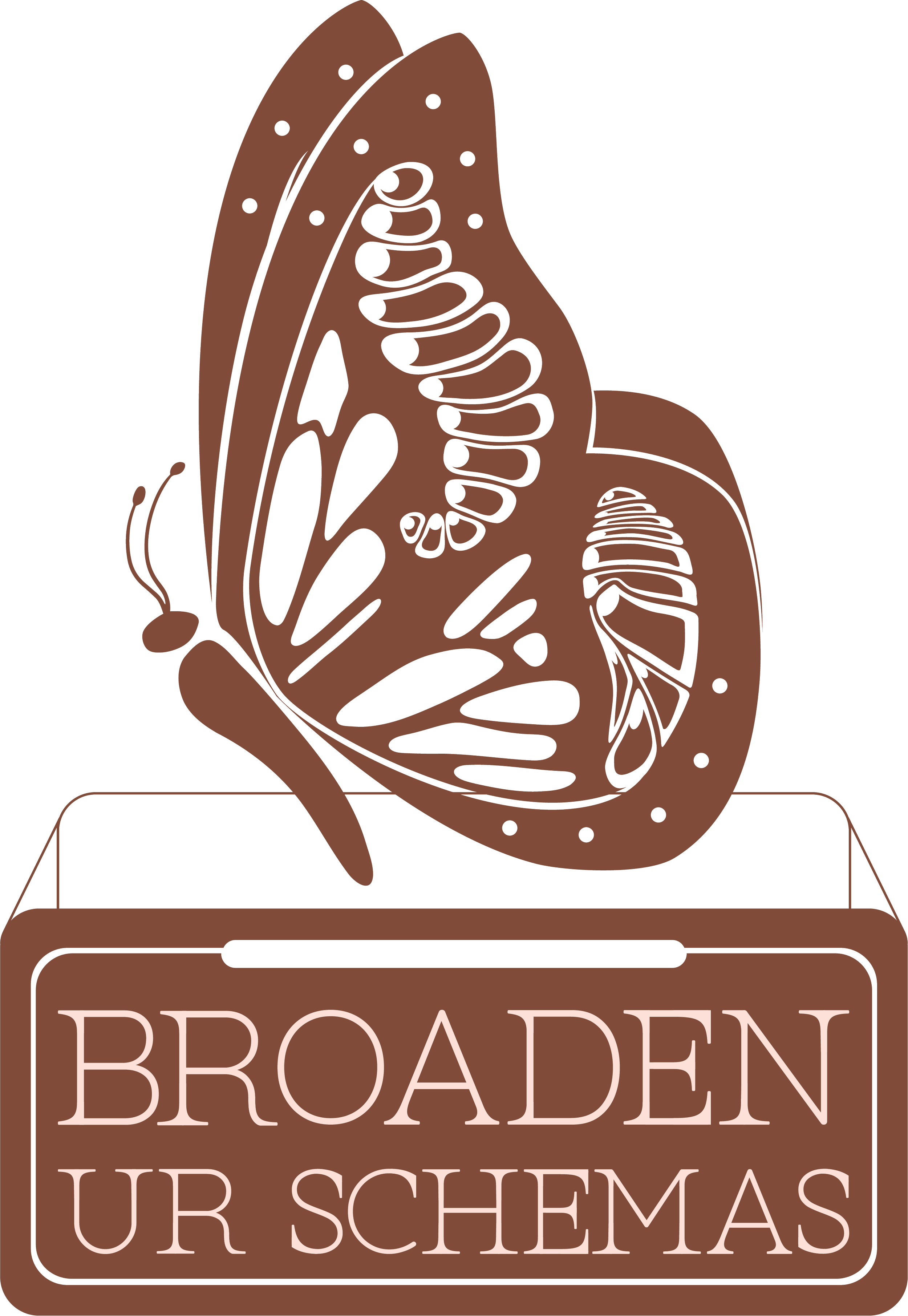 A stylized butterfly illustration above a rectangular sign with the text 'BROADEN UR SCHEMAS' in uppercase letters.