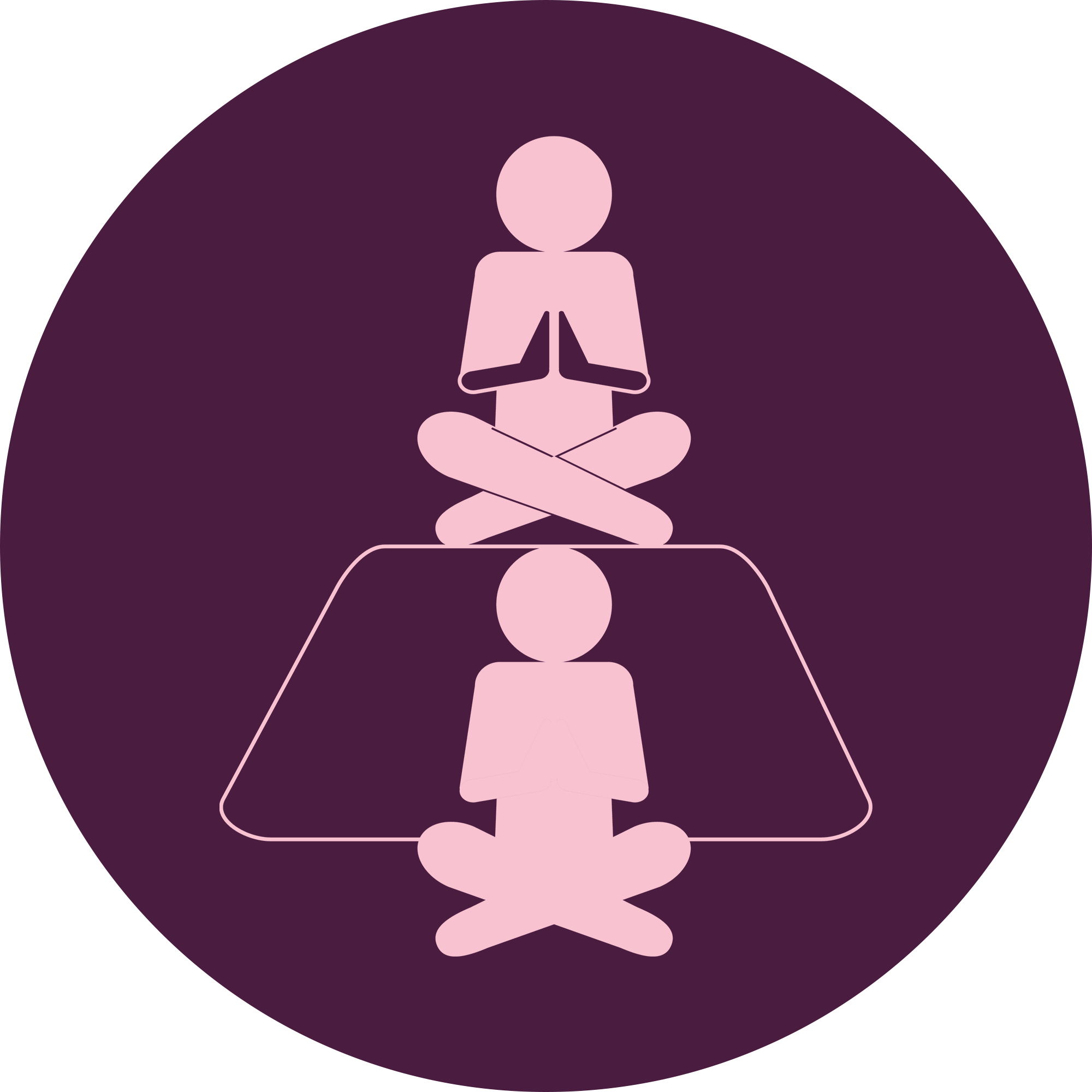 Silhouette of two people in meditation poses, one seated under the other, with one appearing to be on a mat and the other floating above in a meditative pose with crossed legs, against a dark purple circular background.