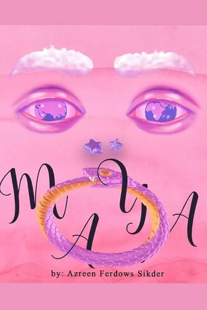 A cover with pink background featuring eyes with world map reflections, clouds, star decorations, a snake forming the letter 'O', and stylized text reading 'MAYA' by Azreen Ferdows Sikder.