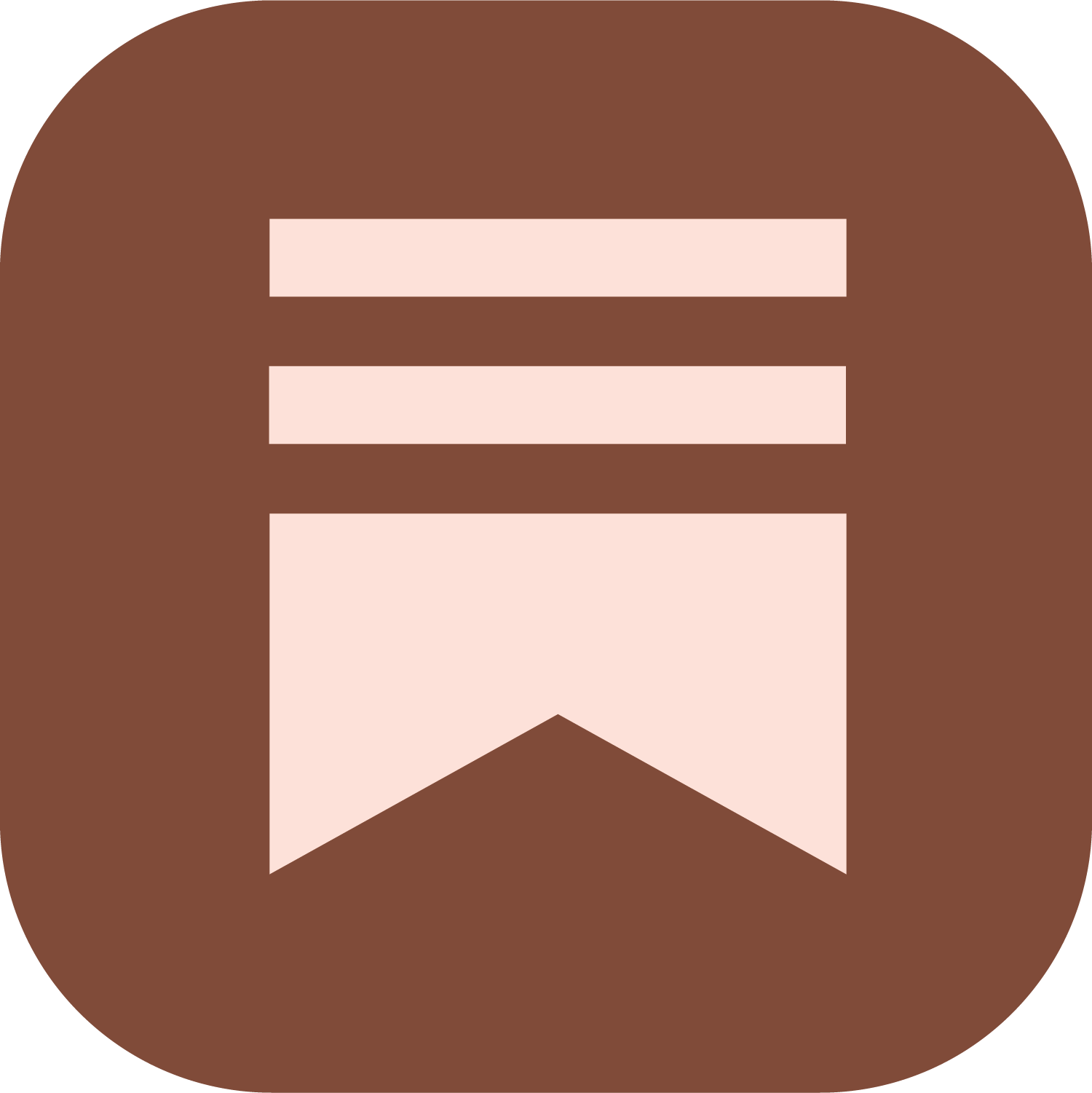 Icon of a brown square with rounded corners, featuring a white banner at the bottom with a pointed bottom edge and three white horizontal lines above it.