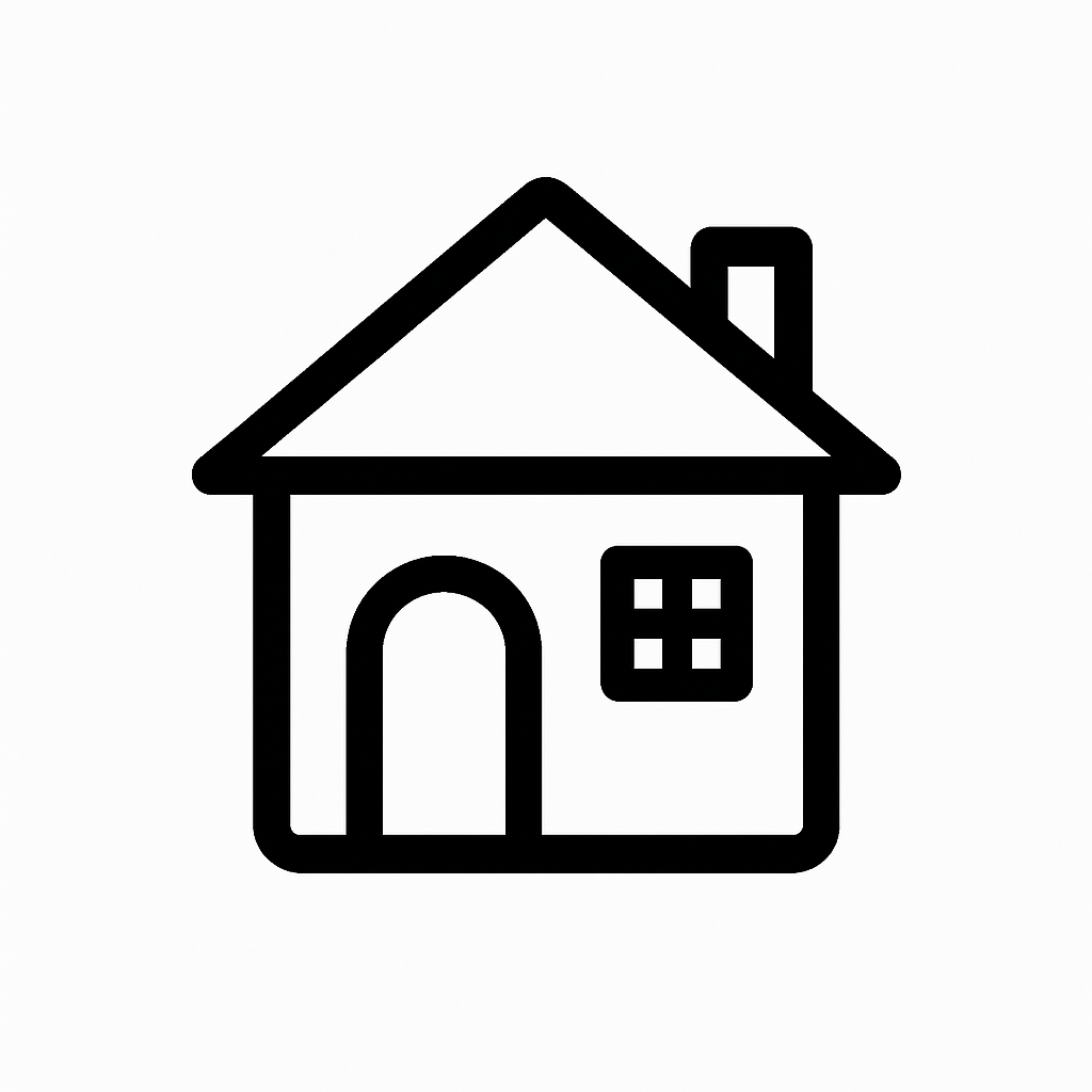 Black outline of a simple house with a peaked roof, a chimney, a rounded front door, and a window with four panes.