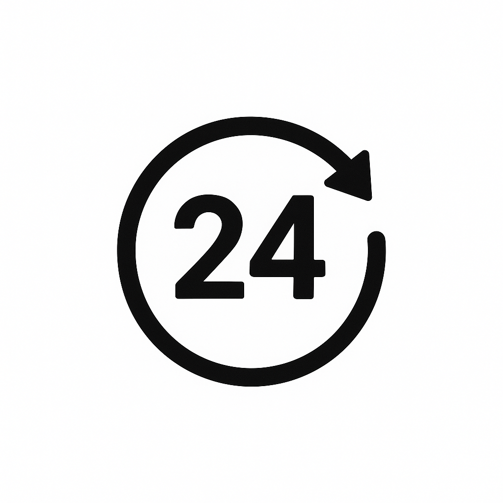 Black clock icon with the number 24 inside and an arrow around it, indicating 24-hour availability or service.