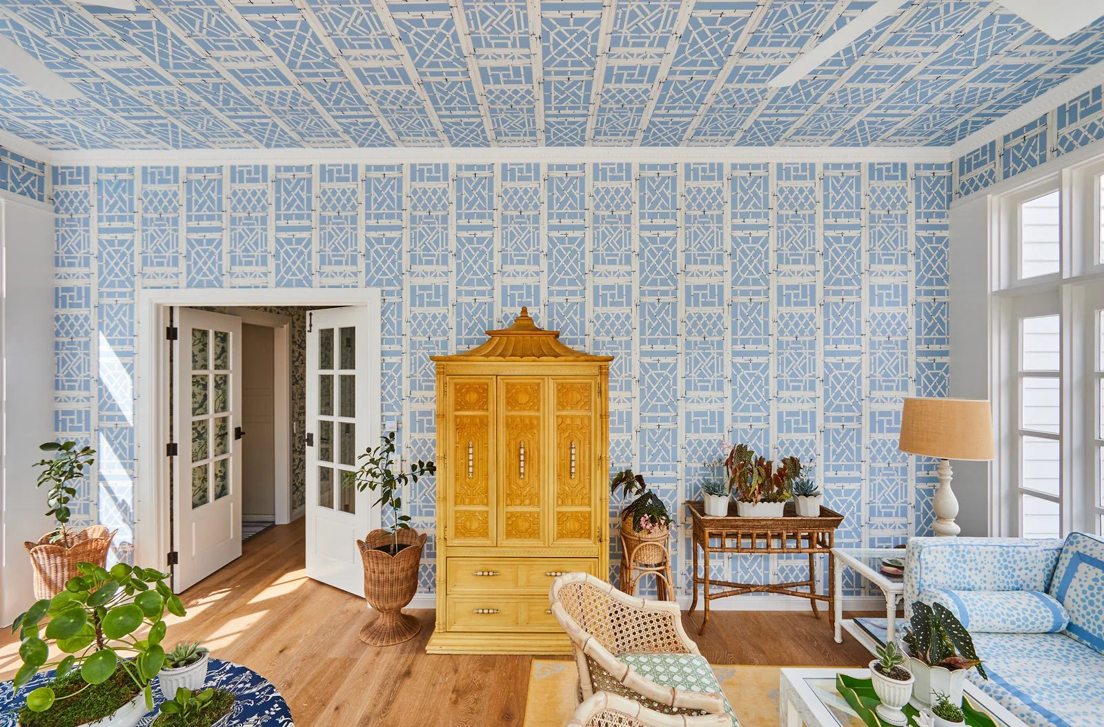 A living room with blue geometric patterned wallpaper and ceiling, wooden floor, a yellow wooden cabinet, various potted plants, a wicker chair, a white side table, a blue sofa with polka dot pattern, and tall windows.