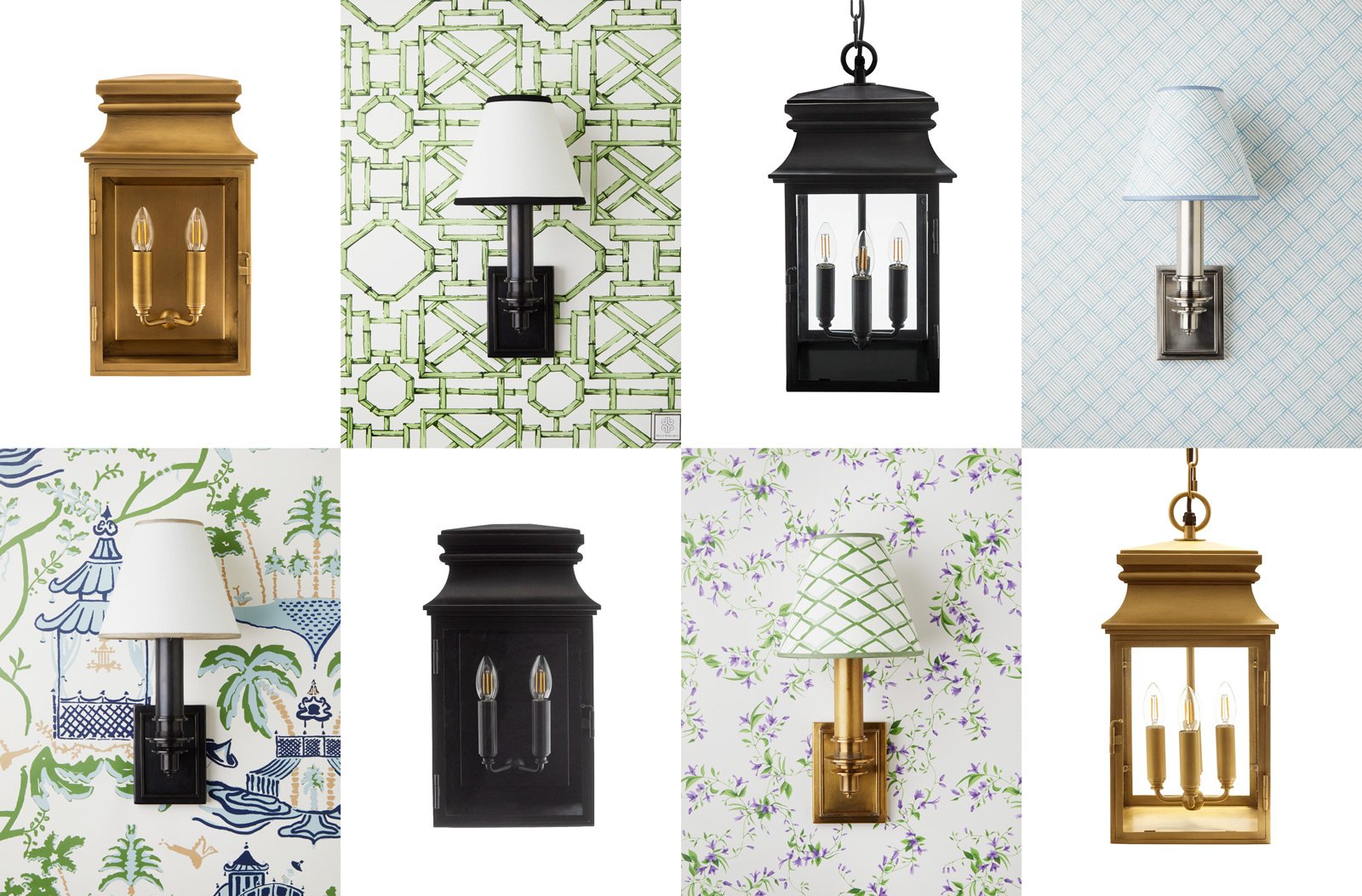 A collage of eight interior wall lamps, some with black or gold finishes, some with chandeliers or sconces, mounted on patterned wallpaper backgrounds.