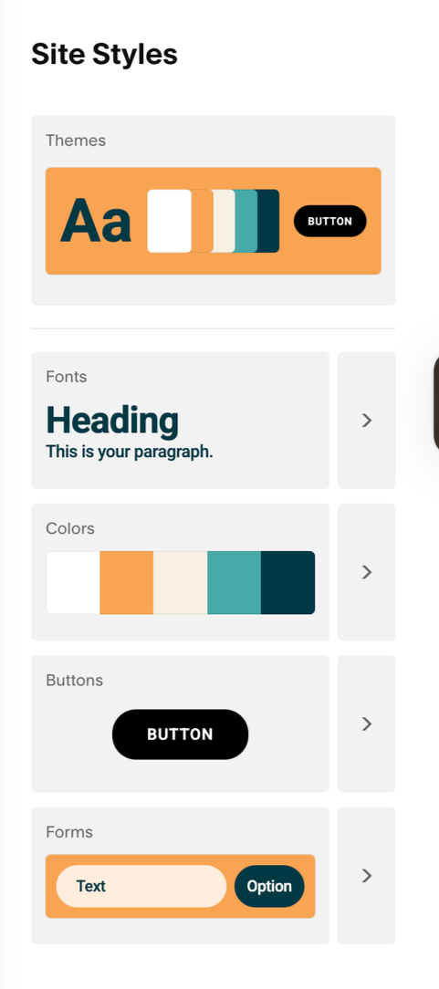 Screenshot of a website interface showing various site style options including themes, fonts, colors, buttons, and forms.