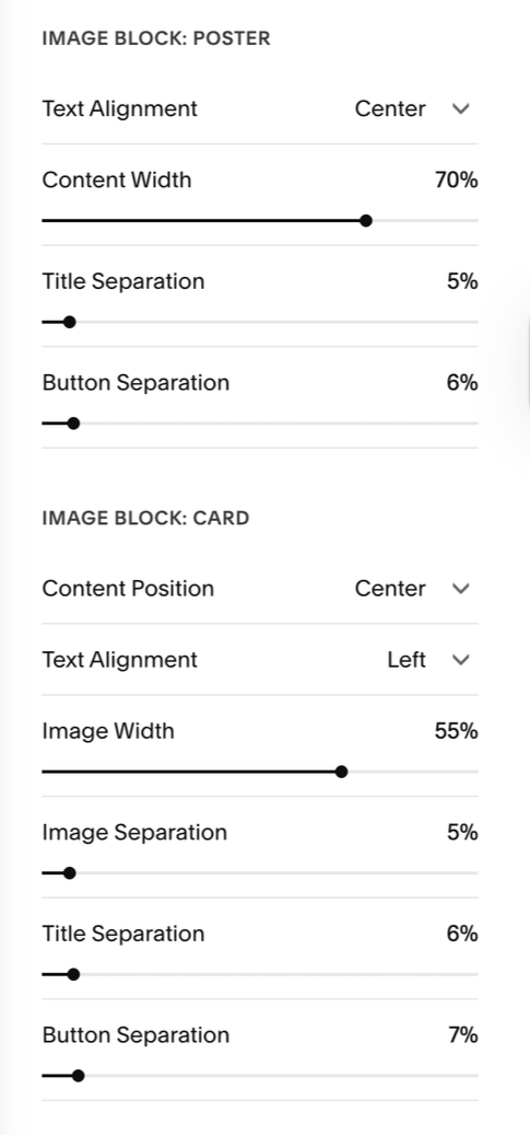 Screenshot of design settings for a poster and a card, showing adjustments for content width, title separation, button separation, content and image alignment, and spacing parameters.
