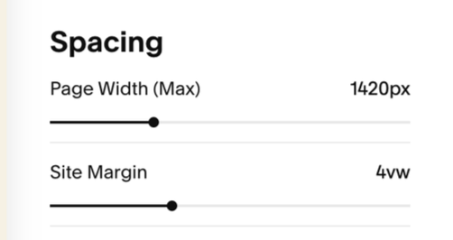 Screenshot of web design settings for spacing, including page width set to 1420 pixels and site margin set to 4 viewport widths.