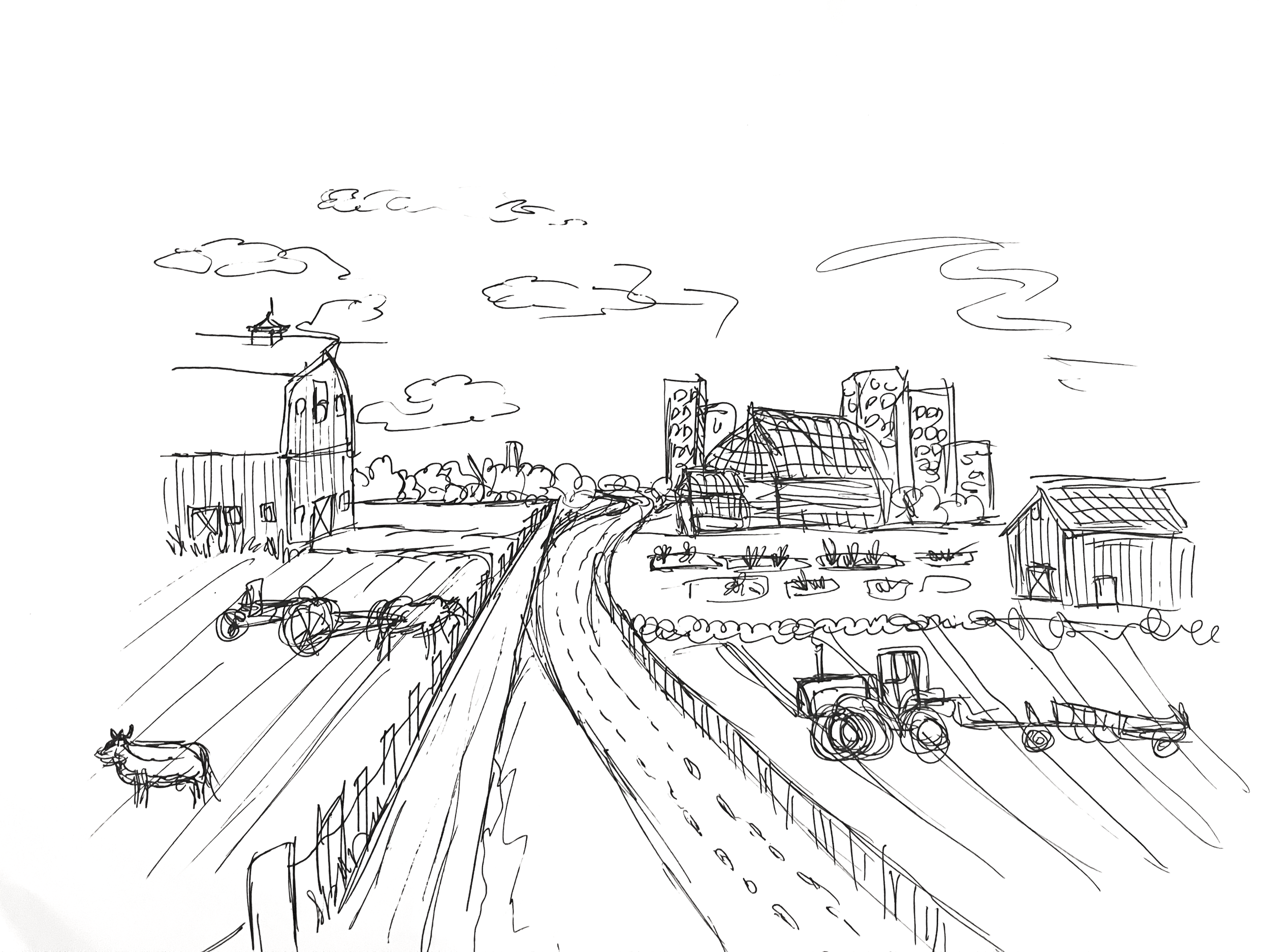 Line drawing of a rural farm scene with a barn, cows, a tractor, greenhouse, and fields, under a partly cloudy sky.