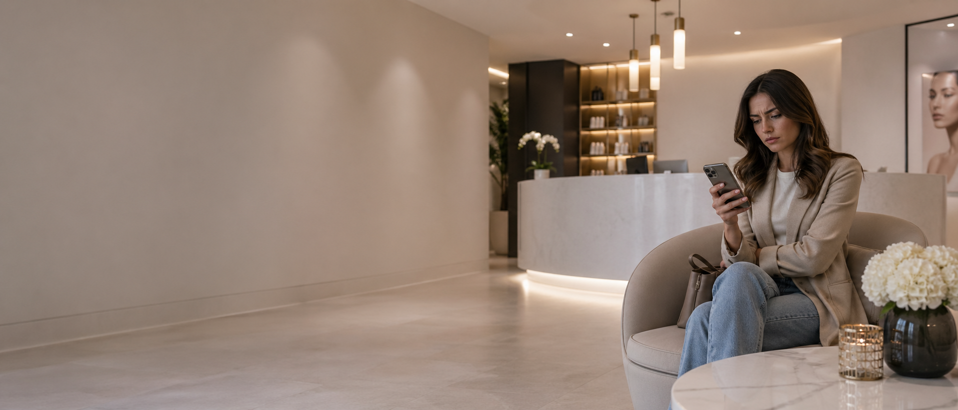A woman with wavy brown hair, wearing a beige blazer and light blue jeans, sitting on a round cream-colored chair in a modern, elegant lobby, looking at her smartphone. There is a marble table with a black vase with white flowers and a small gold candle holder in front of her. The background features a reception desk, potted plants, and large artwork on the wall.