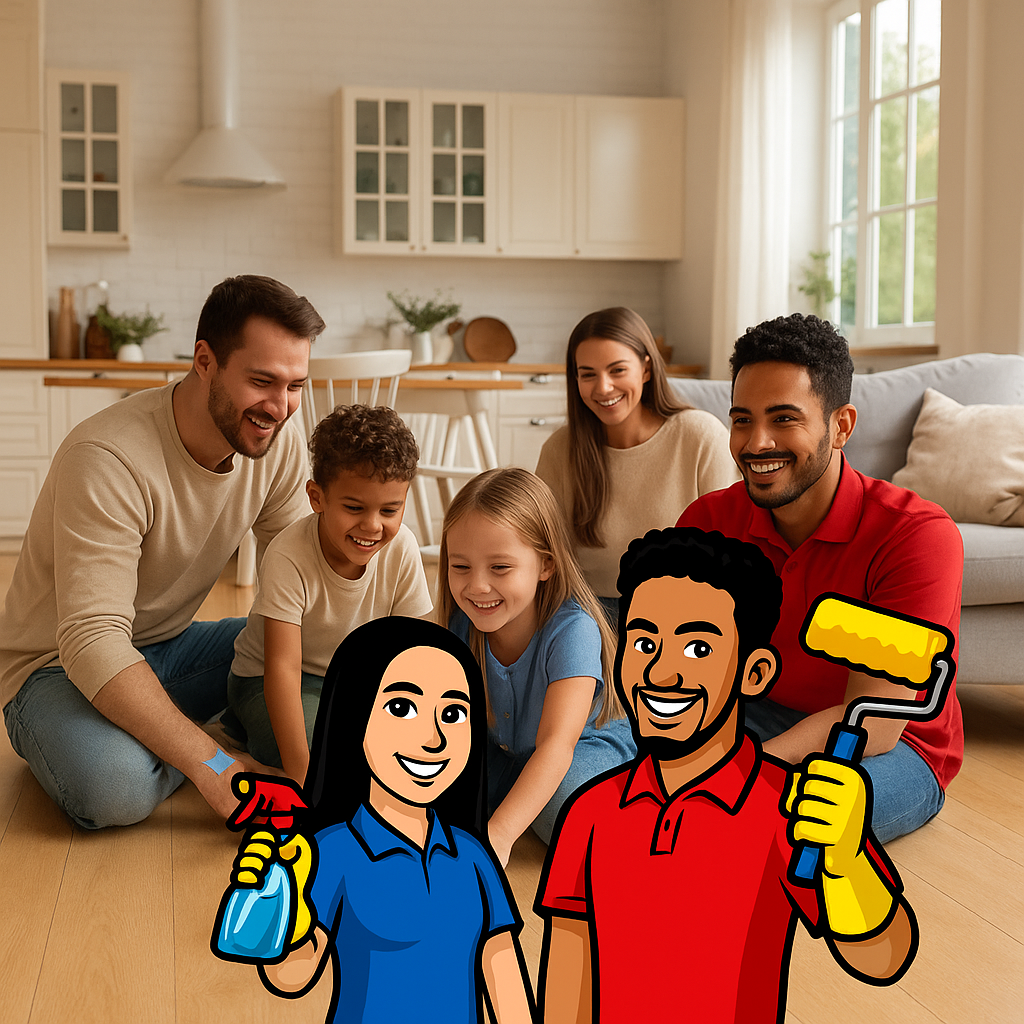 A family of five sitting on the floor of a living room, smiling and playing a game, with cartoon characters of a woman holding a spray bottle and a man holding a paint roller superimposed in the foreground.