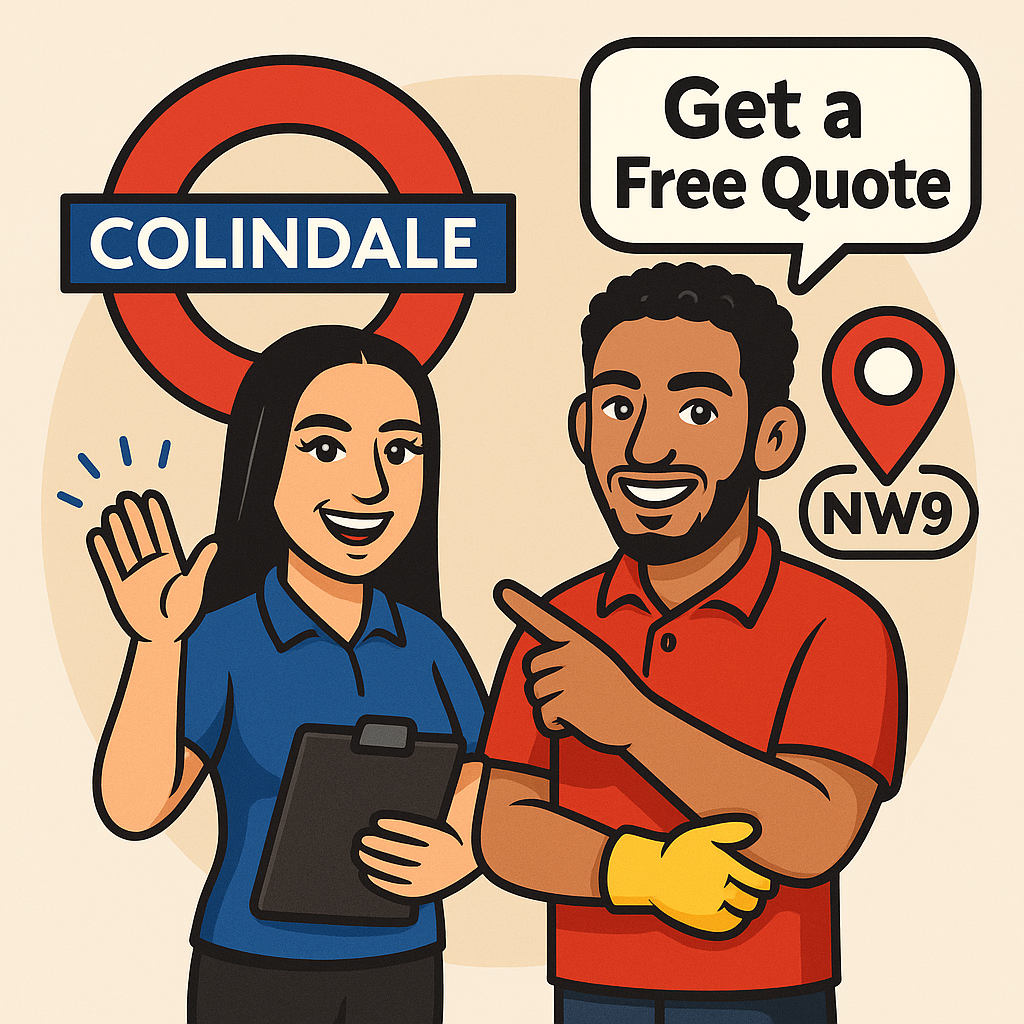 Cartoon of a woman and a man talking, the woman holds a clipboard and waves, the man is pointing and has a speech bubble that says "Get a Free Quote," with a London Underground sign that says "Colindale" and a location marker indicating NW9.