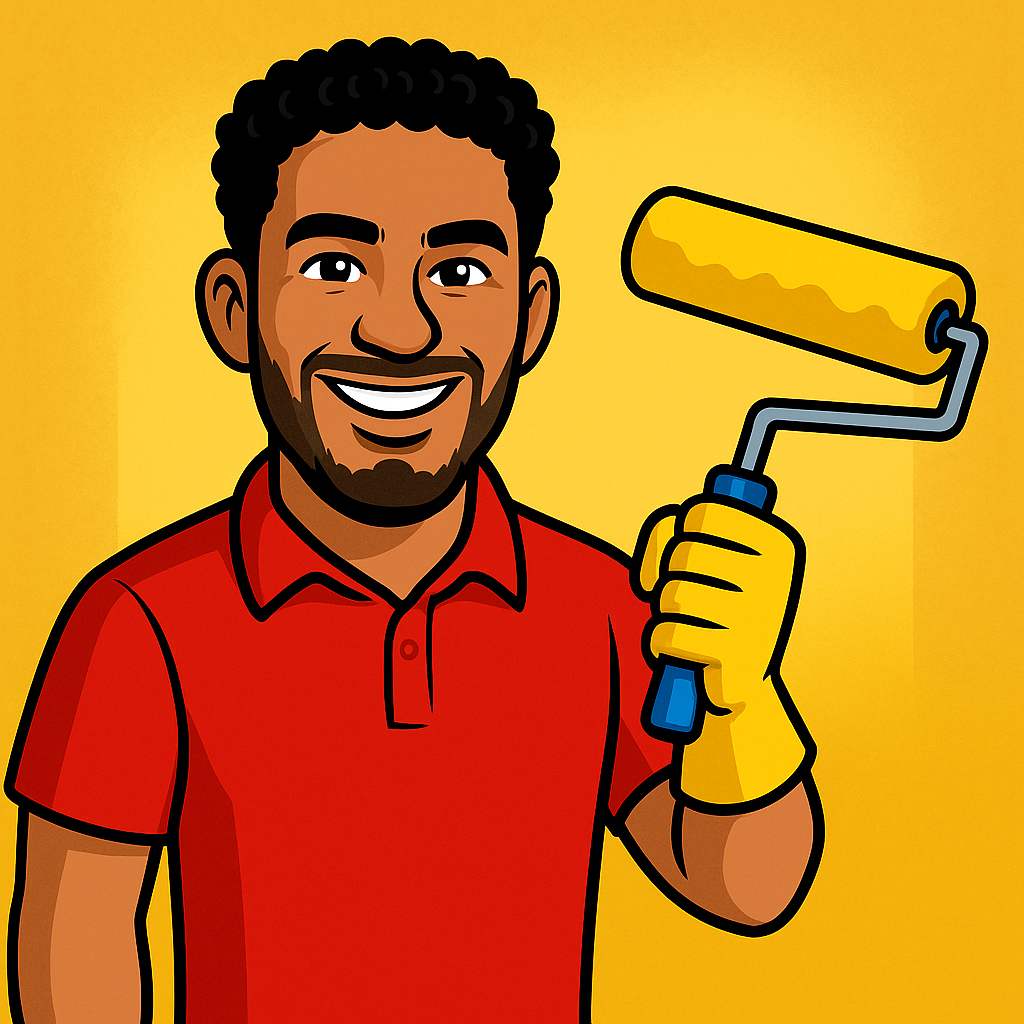 A smiling man with short curly hair and a beard, wearing a red polo shirt and yellow work gloves, holding a paint roller against a yellow background.