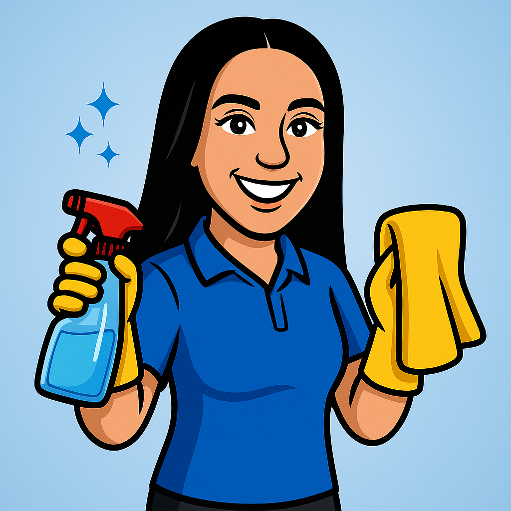 A woman with long black hair wearing a blue polo shirt, yellow cleaning gloves, holding a spray bottle and a yellow cleaning cloth, smiling.