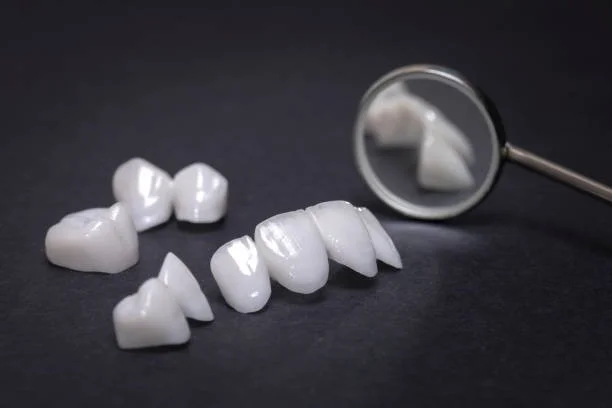 Dental veneers or crowns with a dental mirror on a dark surface.