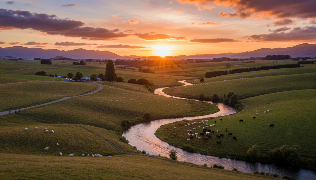 Rural farm with river running through it, sunset in background