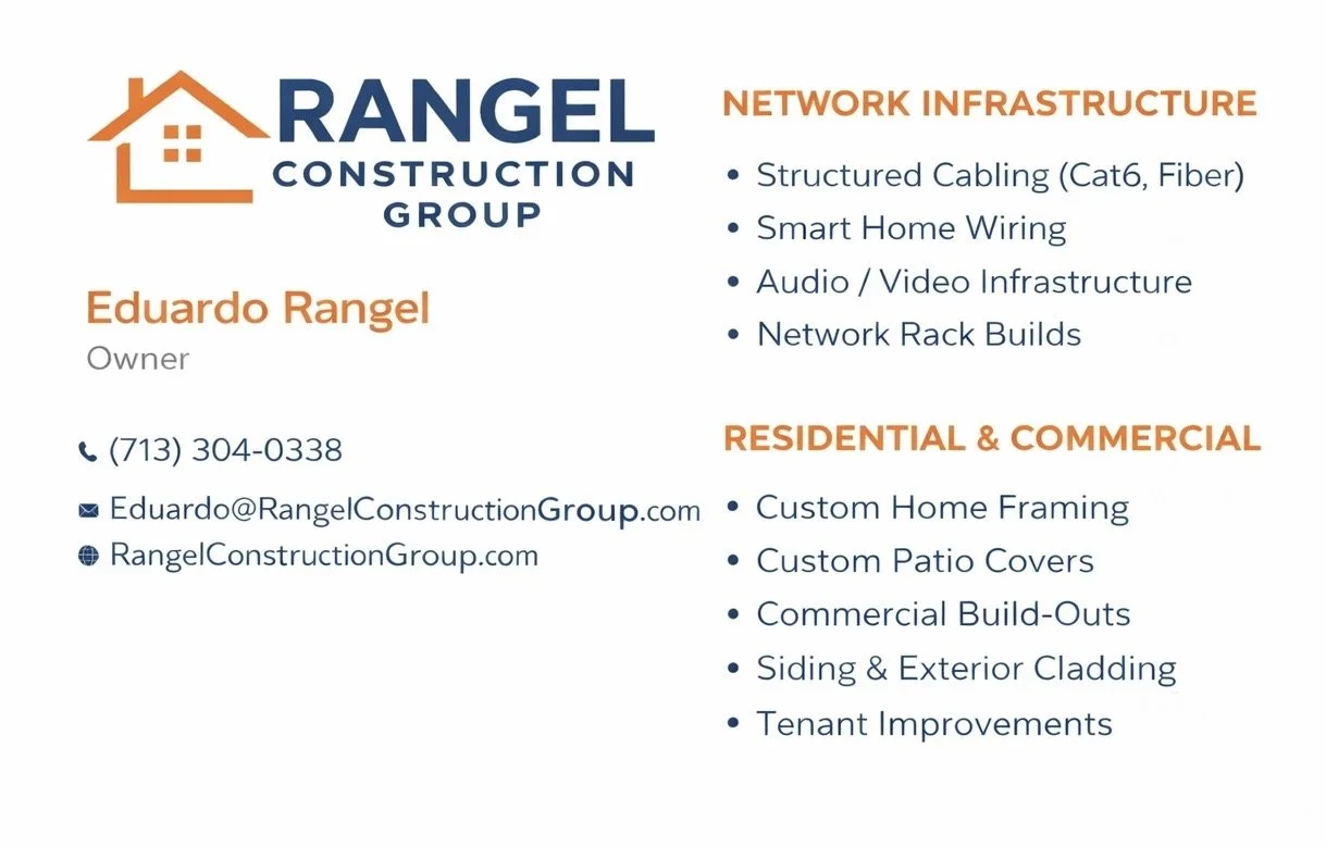 Rangel Construction Group Business Card  residential and commercial construction & communications