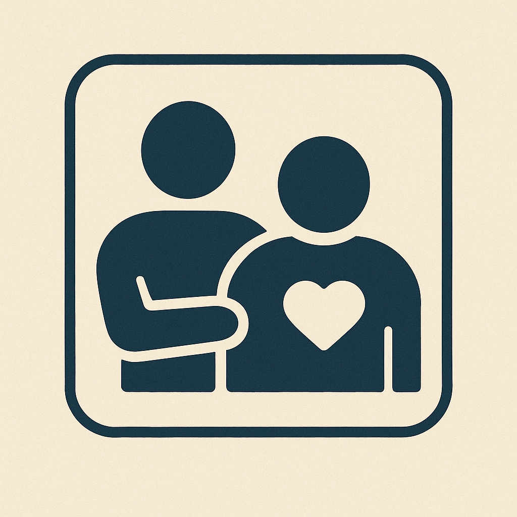 A graphic icon of one person placing a hand on another person's shoulder, who has a heart symbol on their chest,