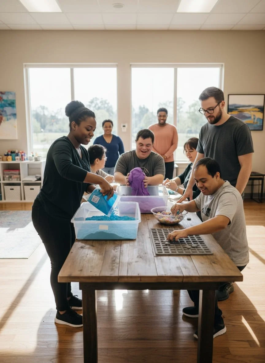 Group of diverse people making slime at a wooden table in a bright room with large windows, artwork, and storage shelves in the background.