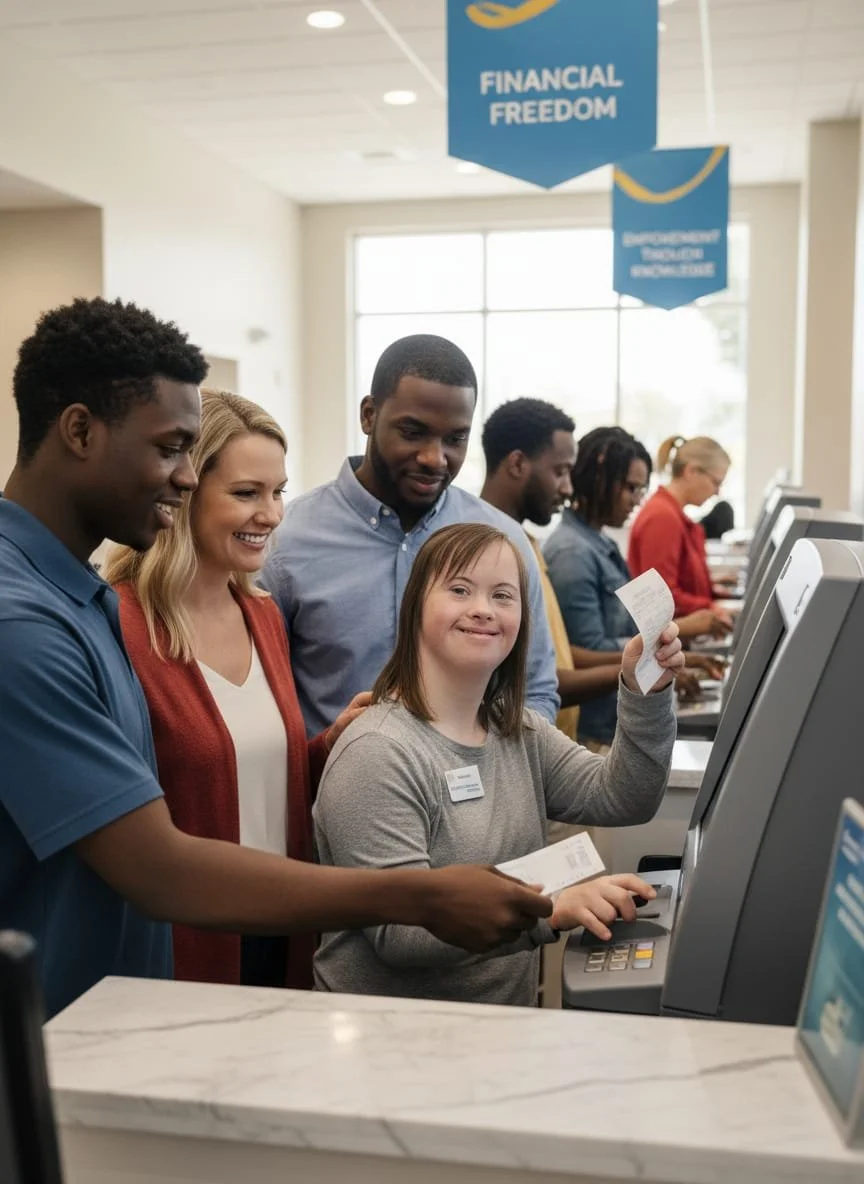 A diverse group of people at a bank ATM, with a girl smiling and holding a receipt, surrounded by adults, some with bank cards, with blue banners overhead reading "Financial Freedom."