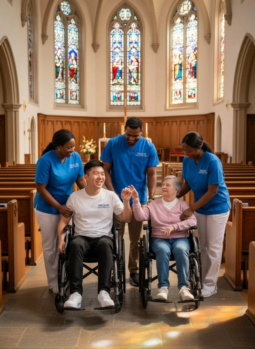 Group of healthcare workers with two patients in wheelchairs in a church, smiling and holding hands, with stained glass windows in the background.