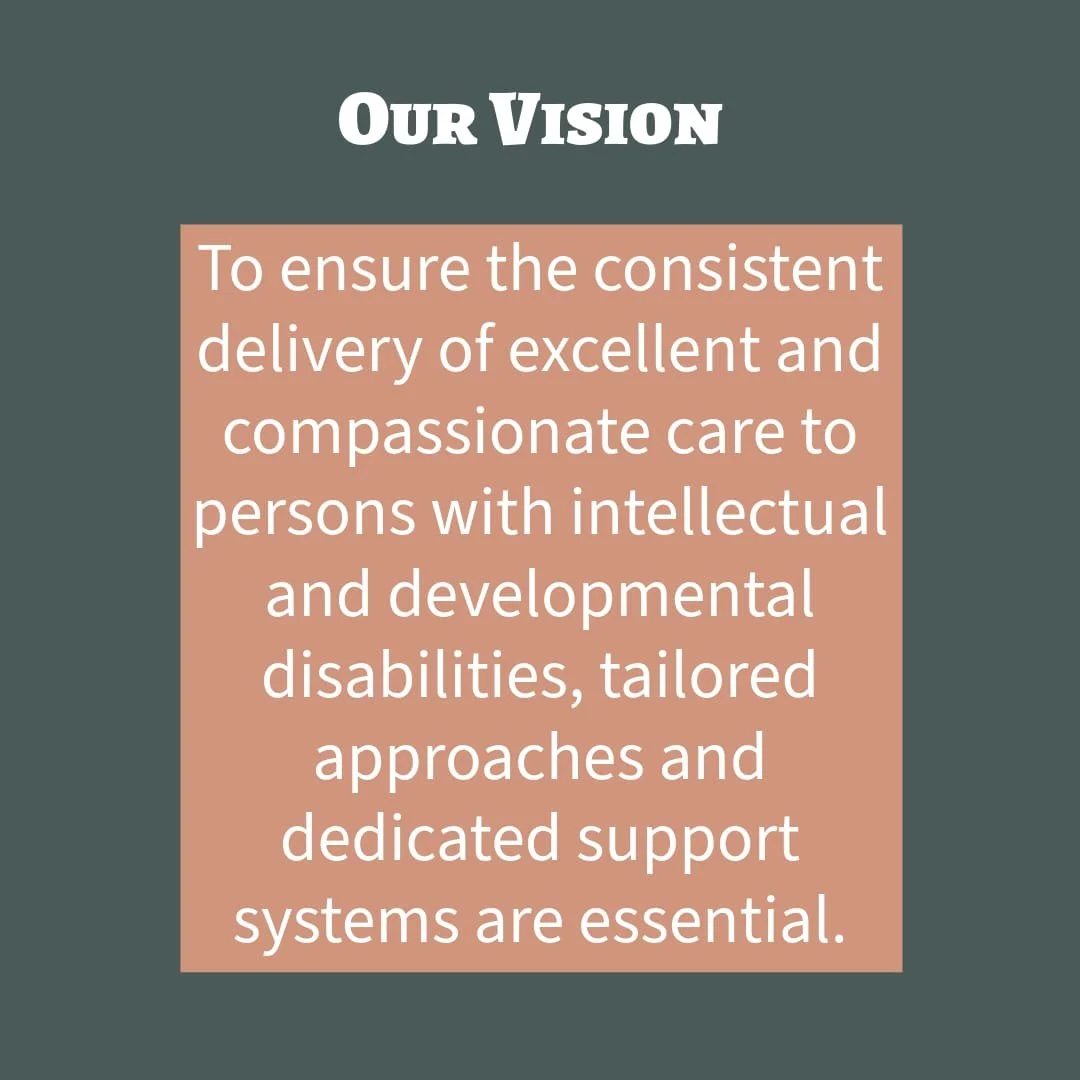 Text on a dark background stating the organization's vision about providing excellent and compassionate care for individuals with intellectual and developmental disabilities through tailored approaches and dedicated support systems.
