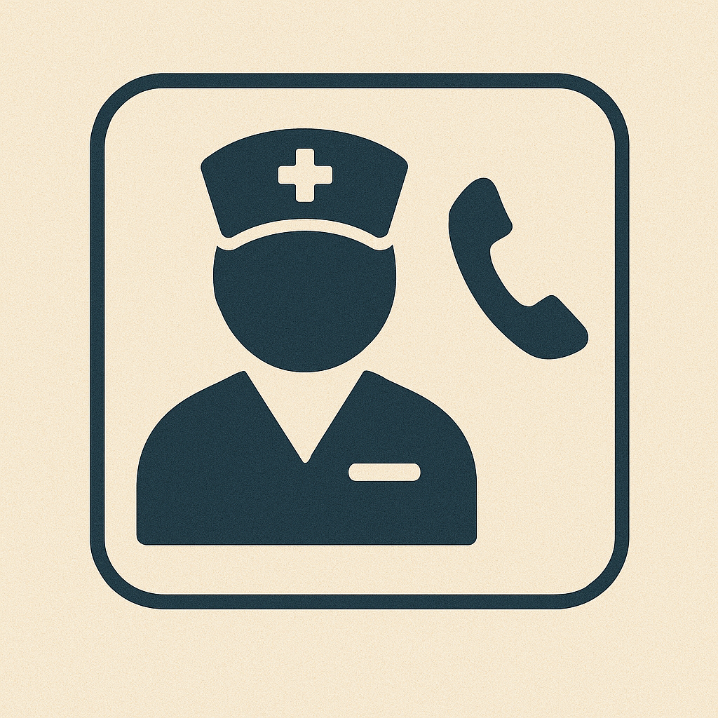 Icon of a nurse with a cross on their cap, a nurse uniform, and a telephone receiver.