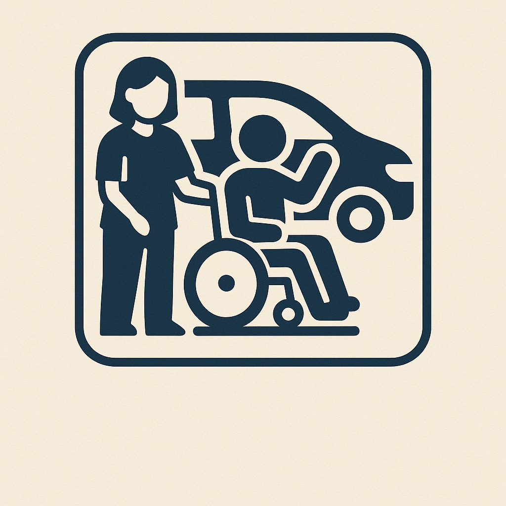 Accessibility symbol with a person in a wheelchair and a caregiver near a car.