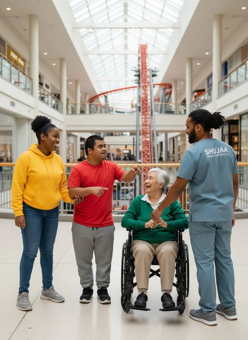 A diverse group of four people, including an elderly woman in a wheelchair, talking and smiling inside a shopping mall with a roller coaster in the background.