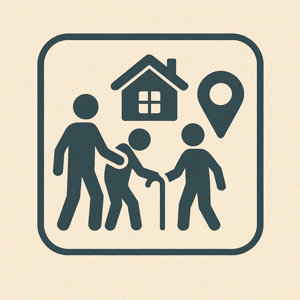 Icon of four people, a house, and a location pin, representing a family or community at a home.