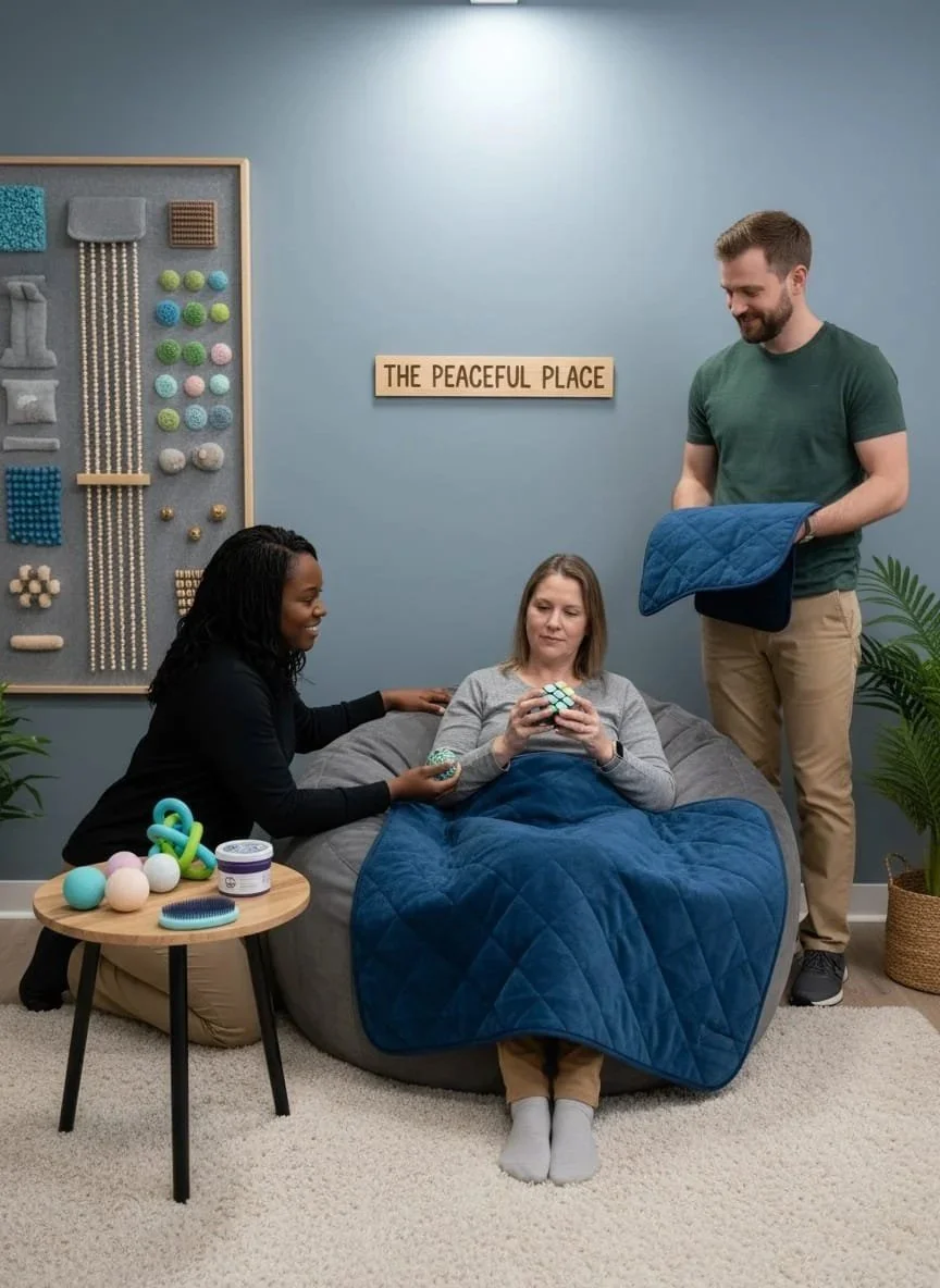 Three people in a cozy room. One woman is sitting in a large comfortable chair covered with a blue quilt, holding a puzzle cube. Another woman is kneeling beside her, handing her an object. A man is standing nearby, holding a folded quilt. There is a side table with various sensory objects, and a bulletin board with crafts on the wall. A sign on the wall reads 'The Peaceful Place.'
