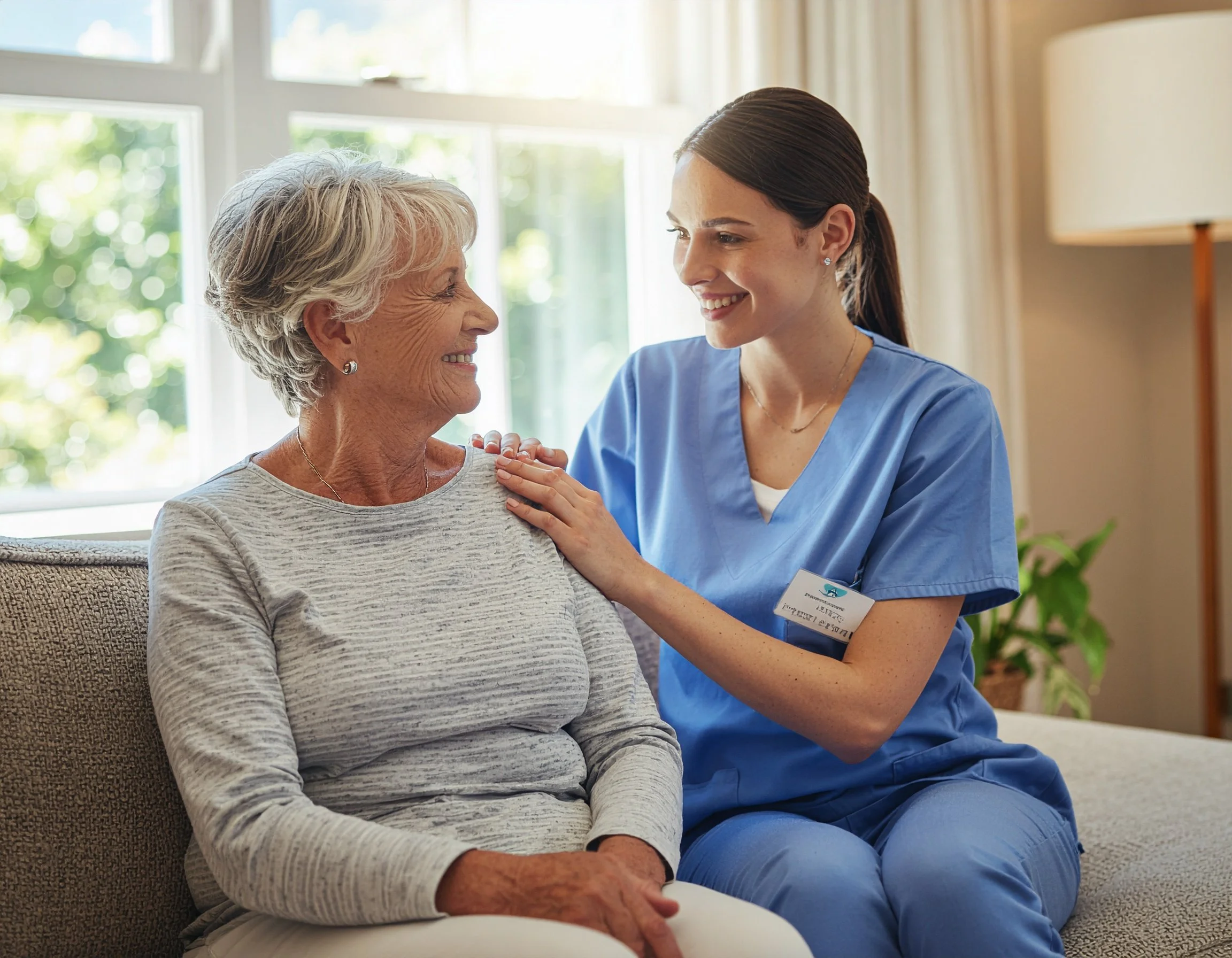A smiling young woman nurse in blue scrubs gently touches an elderly woman's shoulder while sitting on a sofa in a well-lit room.