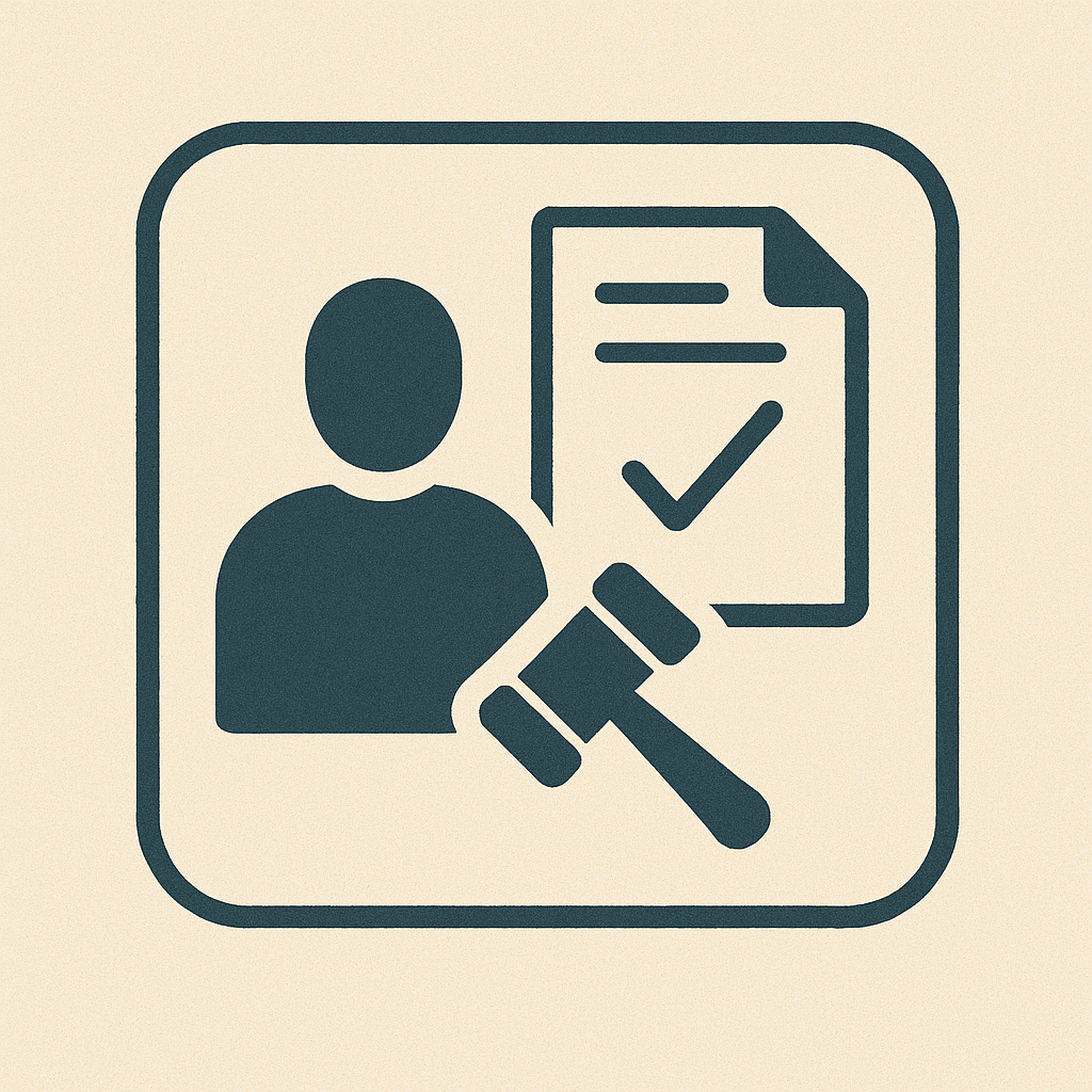 Icon of a person, a document with a checkmark, and a gavel, representing legal or judicial review.