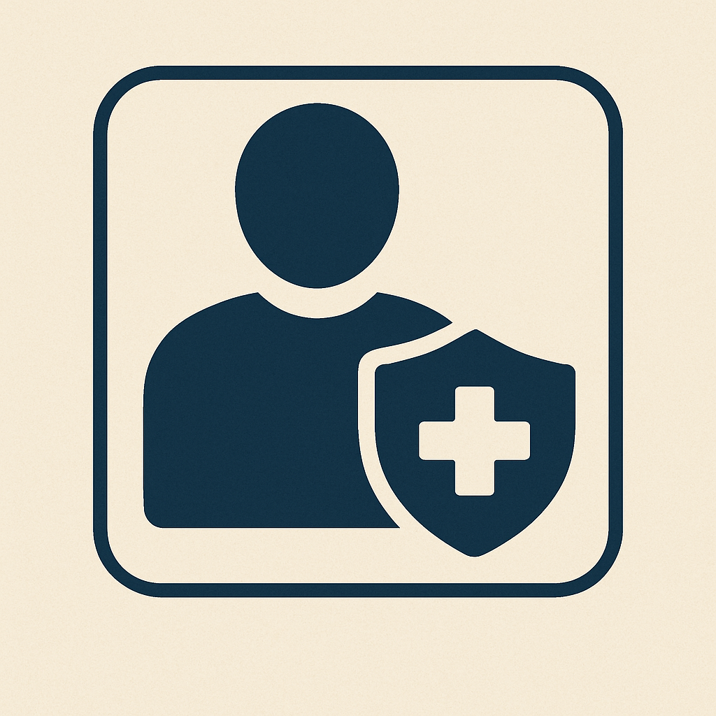 Icon of a person with a shield featuring a medical cross, symbolizing health insurance or medical protection.