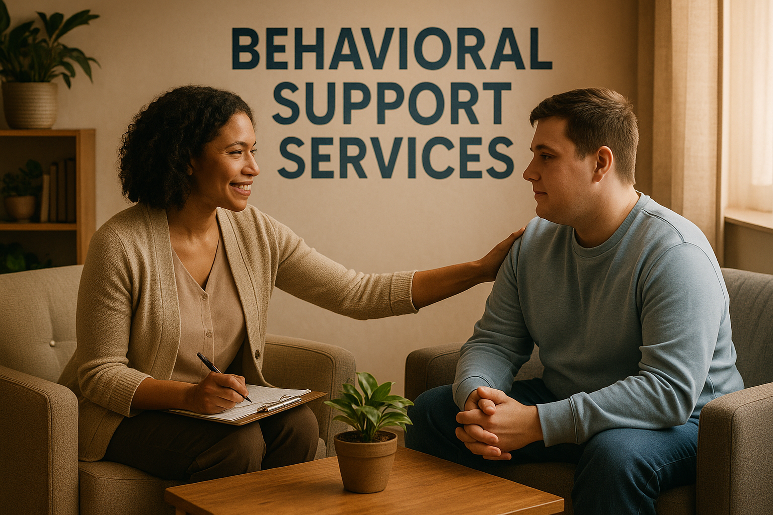 A woman and a man sitting in a counseling session in a room labeled 'Behavioral Support Services.' The woman is smiling and comforting the man, with her hand on his shoulder, while holding a notepad and pen. The room has a cozy atmosphere with a potted plant and a bookshelf in the background.