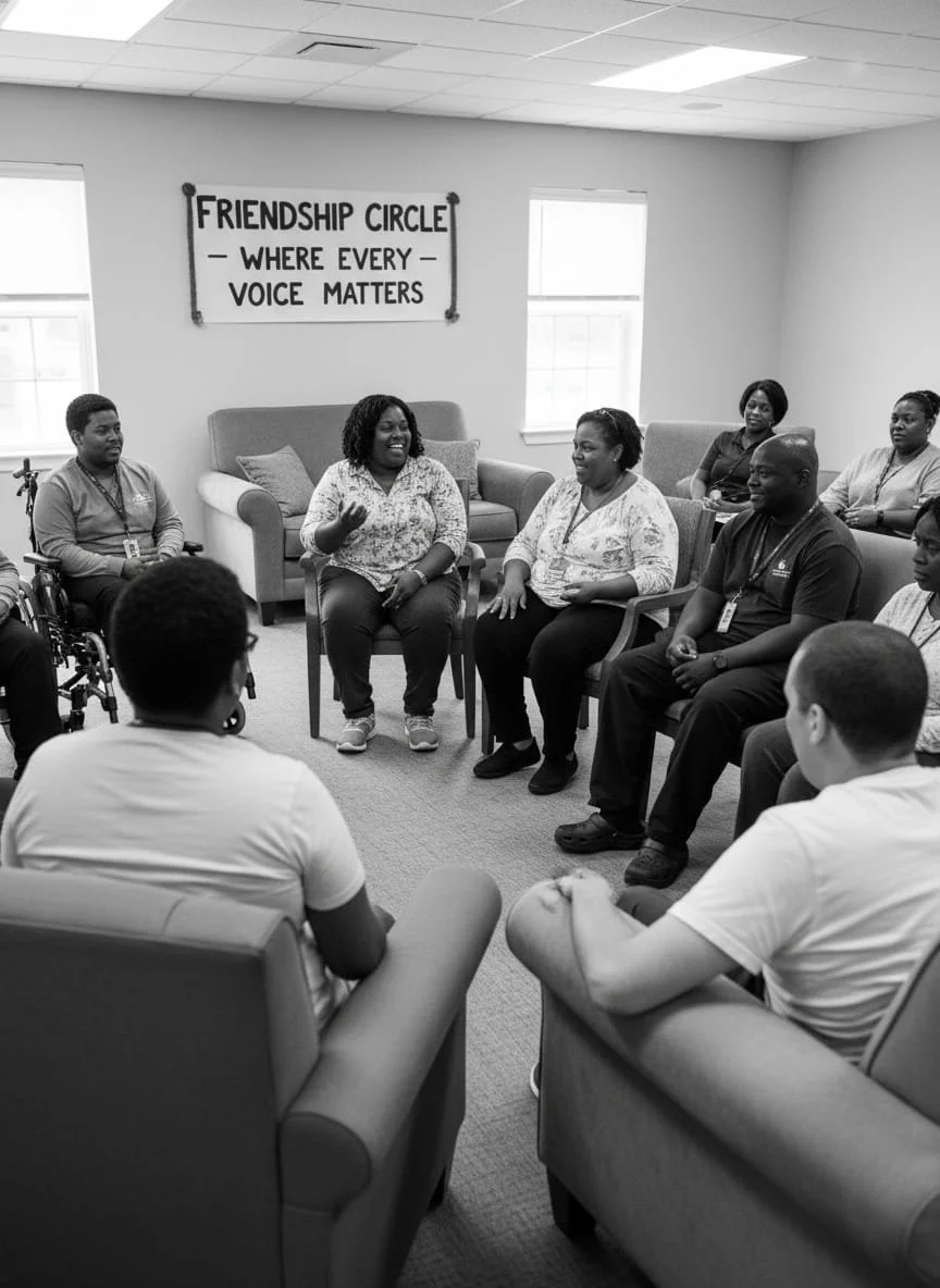 A group of diverse people sitting in chairs in a circle during a discussion, with a sign on the wall that reads 'Friendship Circle - Where Every Voice Matters'.