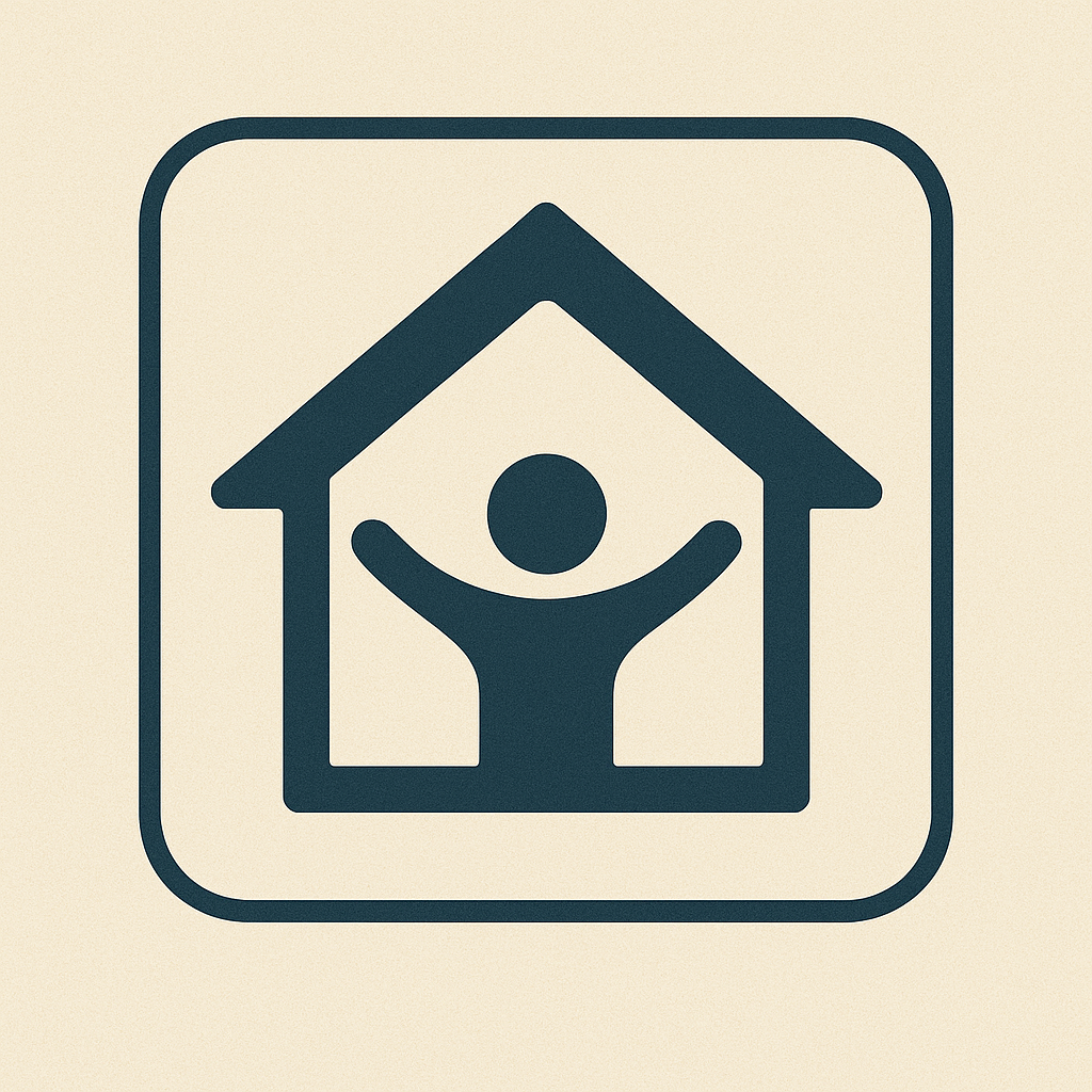 Icon of a person smiling inside the outline of a house, symbolizing home, safety, or family.