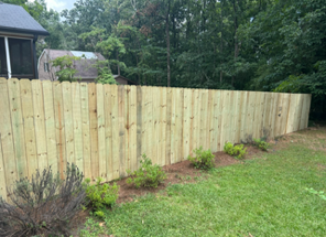 Wooden privacy fence along a grassy yard with small plants in front, surrounded by trees.